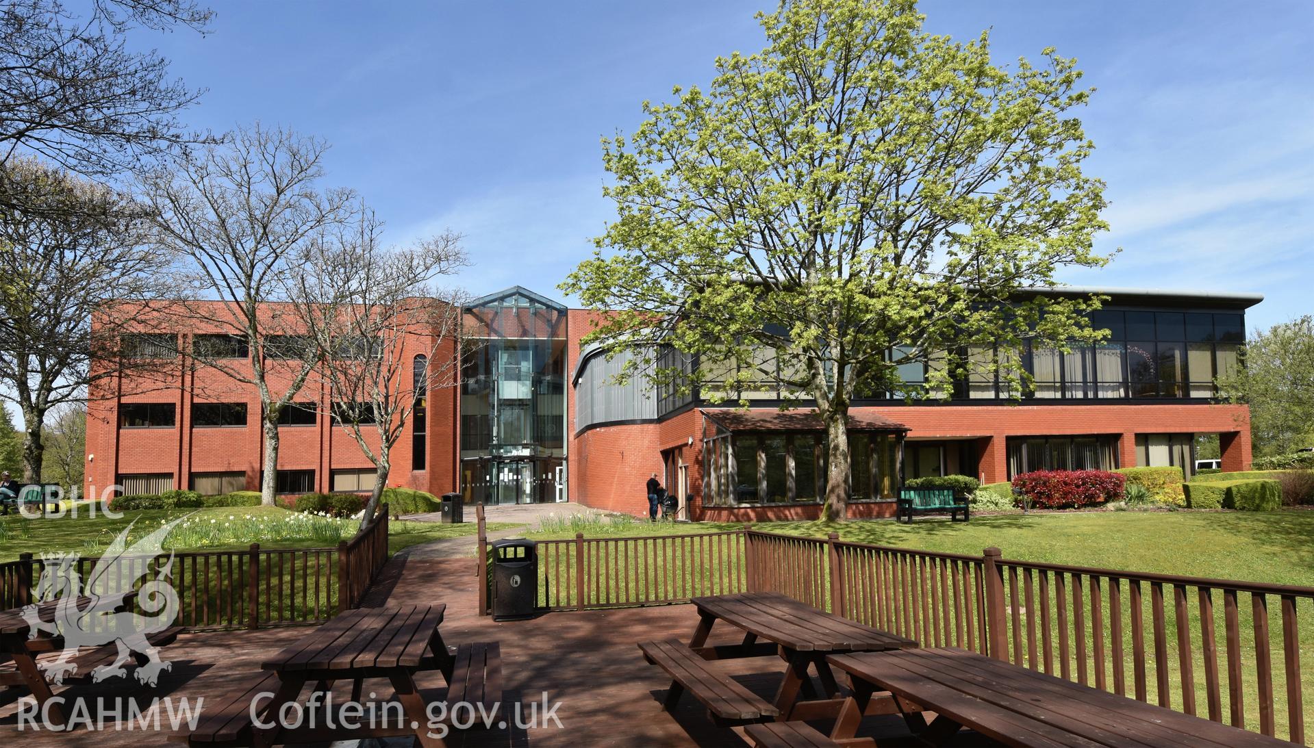 Exterior view showing front elevation of Ferranti Computer Complex, Ty Coch, in Cwmbran, photographed by Susan Fielding of RCAHMW on 23 April 2021.