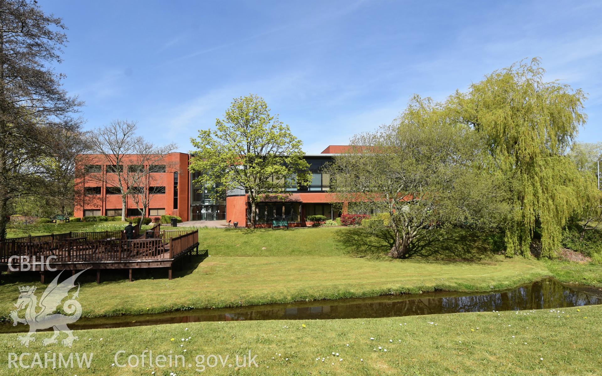 Exterior view of Ferranti Computer Complex, Ty Coch, in Cwmbran, photographed by Susan Fielding of RCAHMW on 23 April 2021.