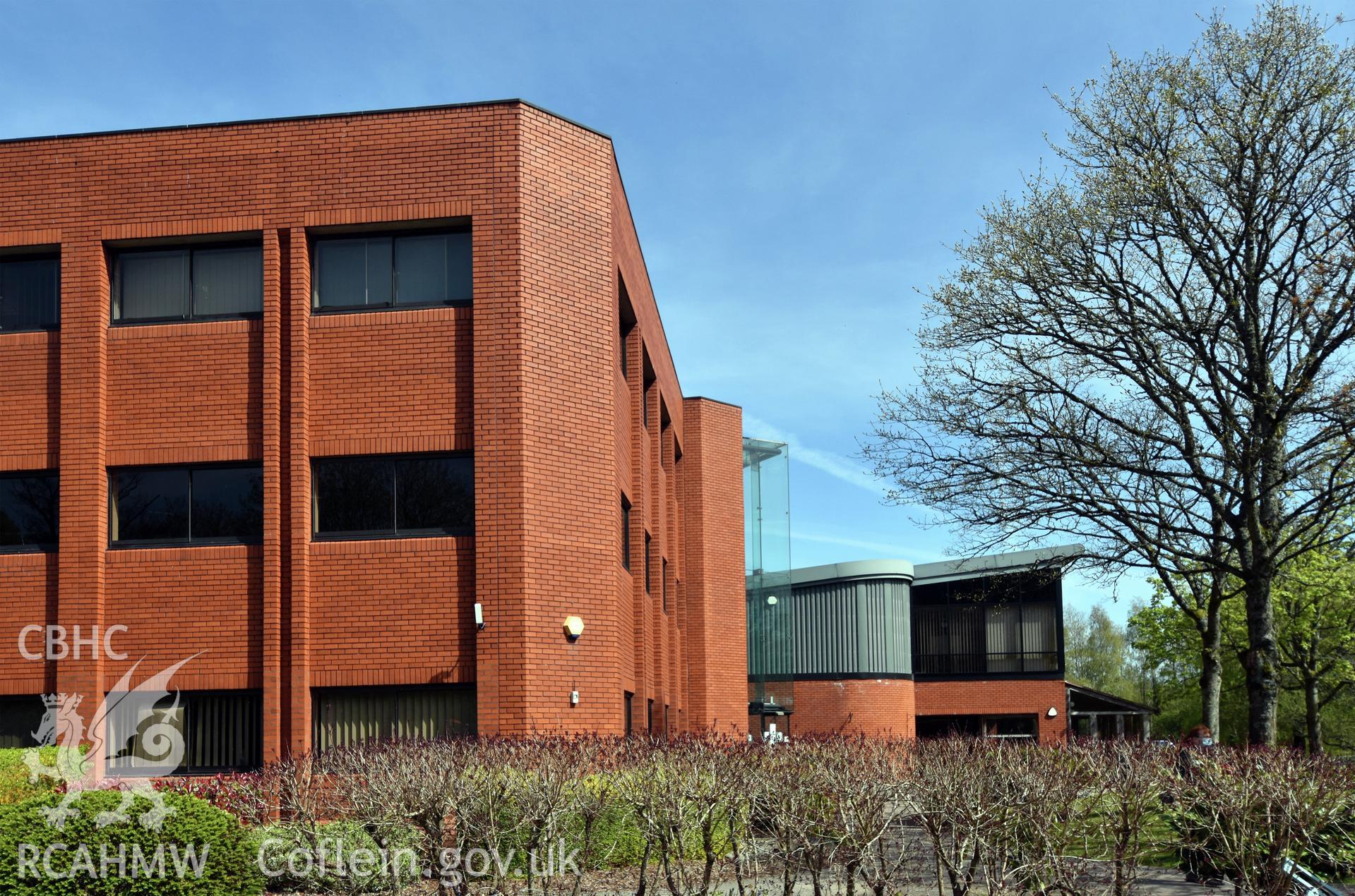 Exterior view of Ferranti Computer Complex, Ty Coch, in Cwmbran, photographed by Susan Fielding of RCAHMW on 23 April 2021.