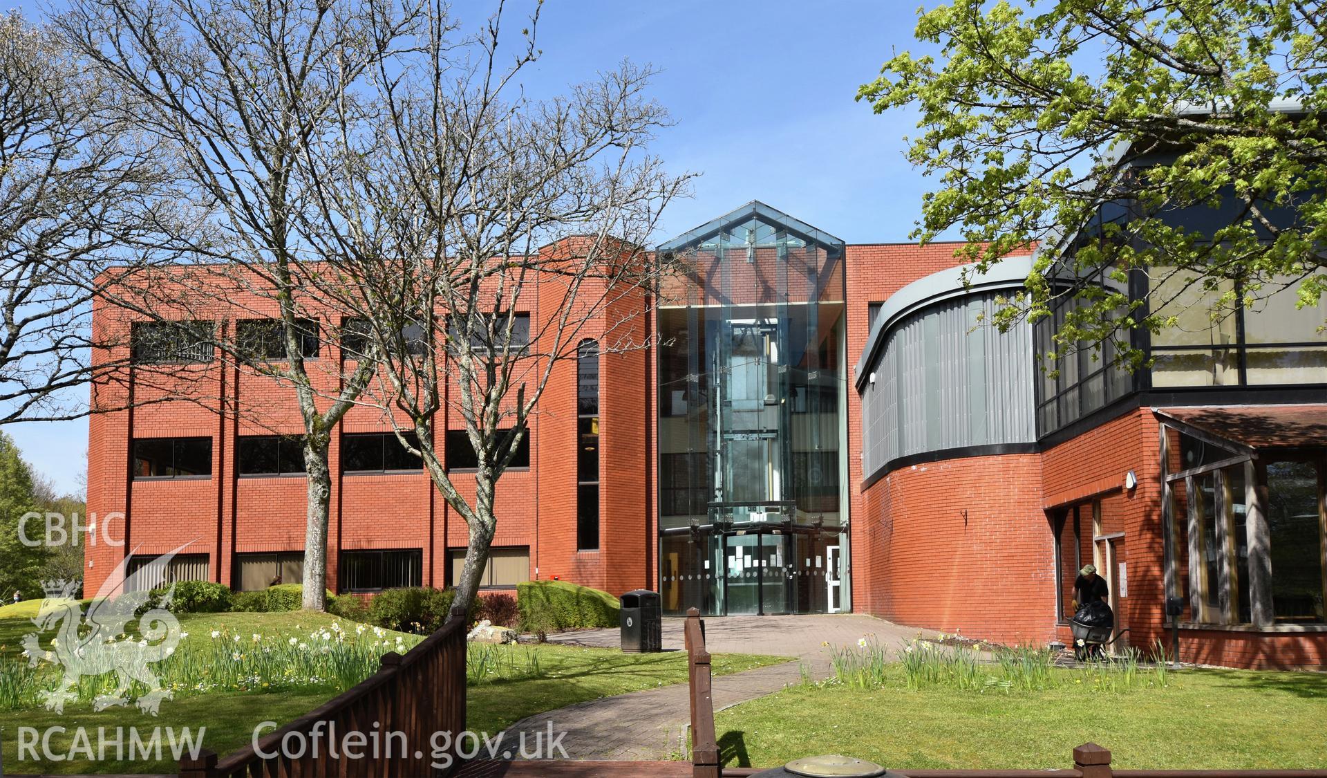 Exterior view showing front elevation of Ferranti Computer Complex, Ty Coch, in Cwmbran, photographed by Susan Fielding of RCAHMW on 23 April 2021.