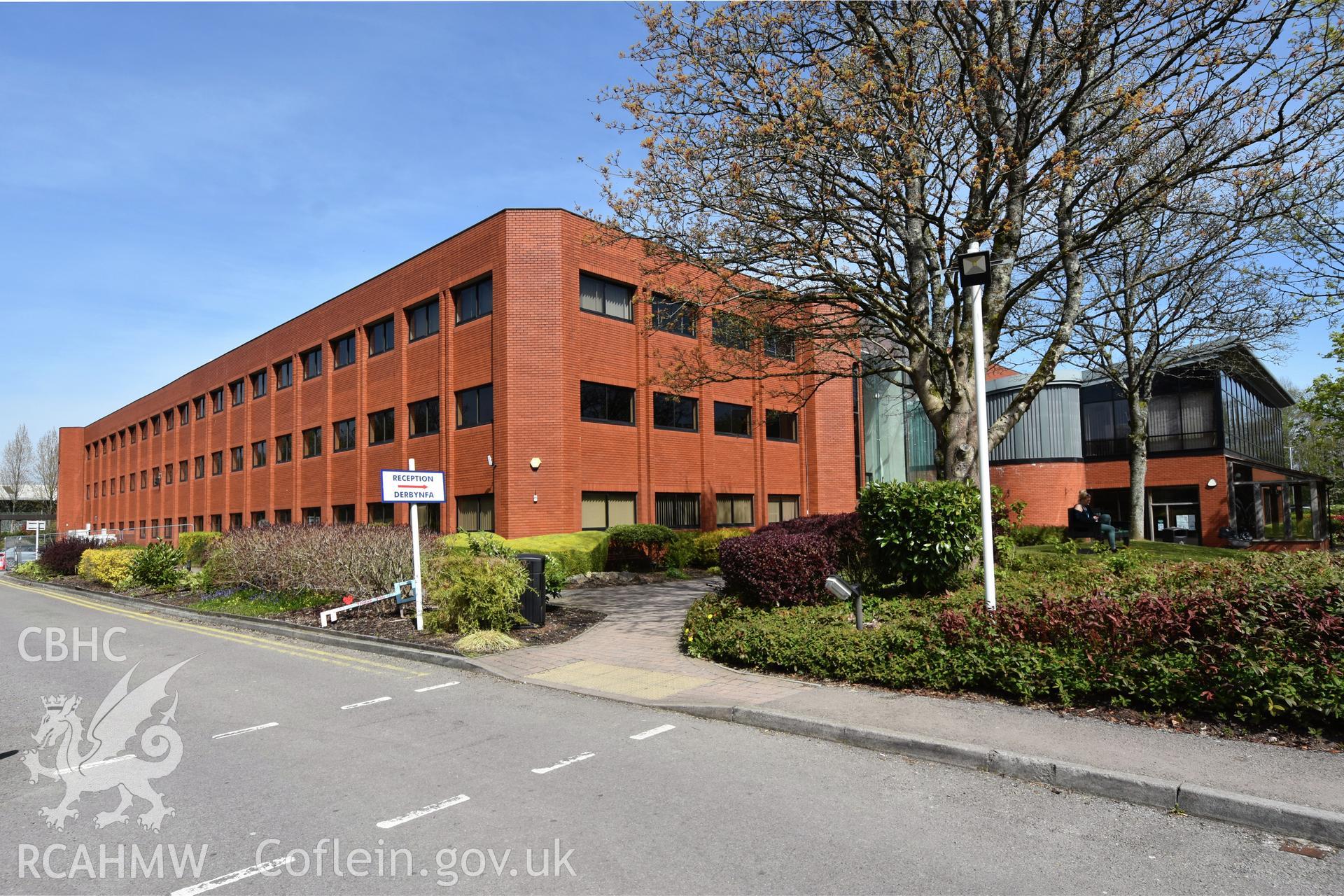 Exterior view of Ferranti Computer Complex, Ty Coch, in Cwmbran, photographed by Susan Fielding of RCAHMW on 23 April 2021.