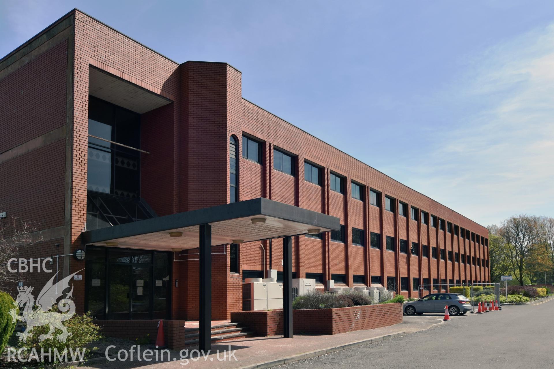 Exterior view showing rear elevation of Ferranti Computer Complex, Ty Coch, in Cwmbran, photographed by Susan Fielding of RCAHMW on 23 April 2021.