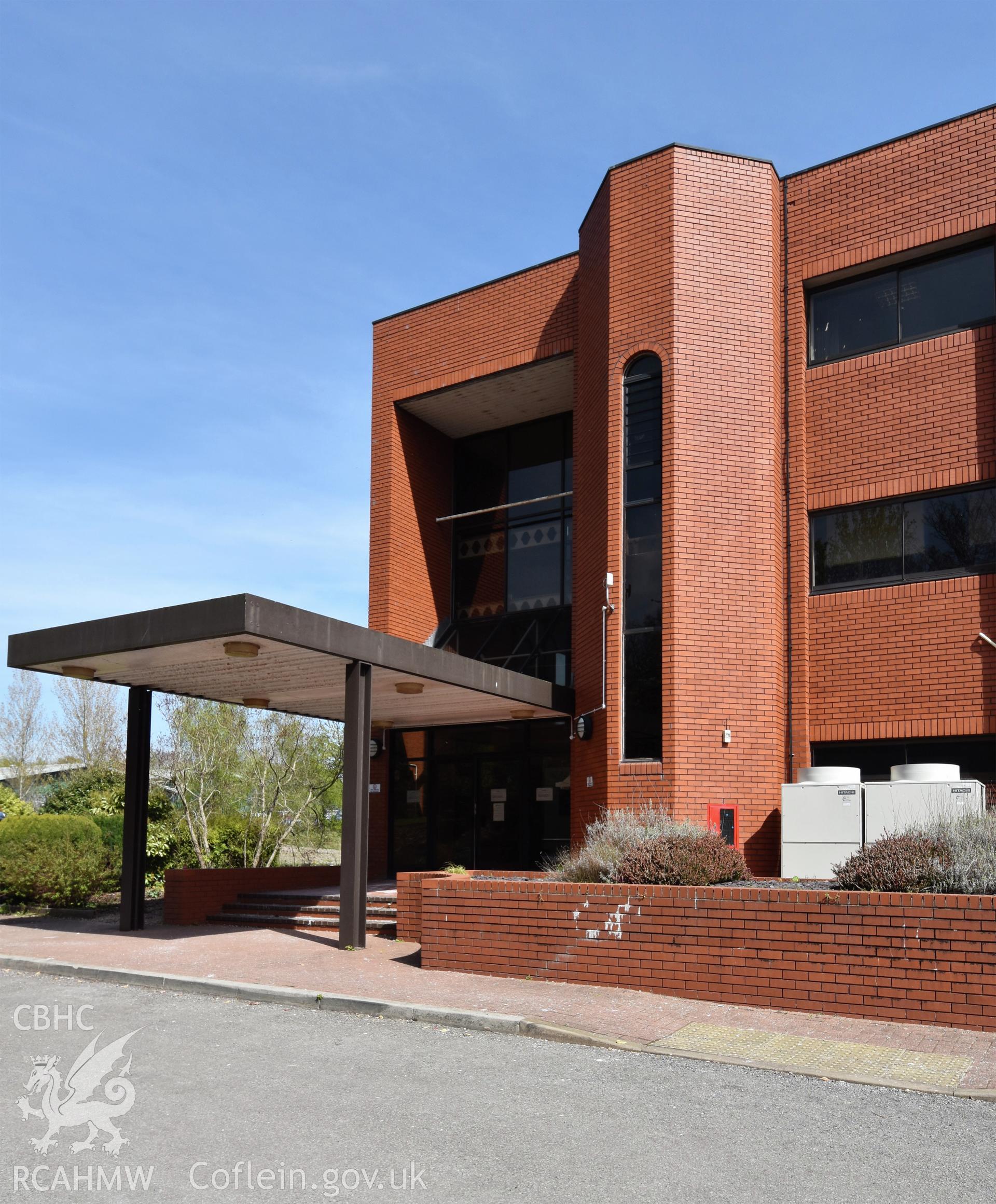 Exterior view showing entrance to Ferranti Computer Complex, Ty Coch, in Cwmbran, photographed by Susan Fielding of RCAHMW on 23 April 2021.