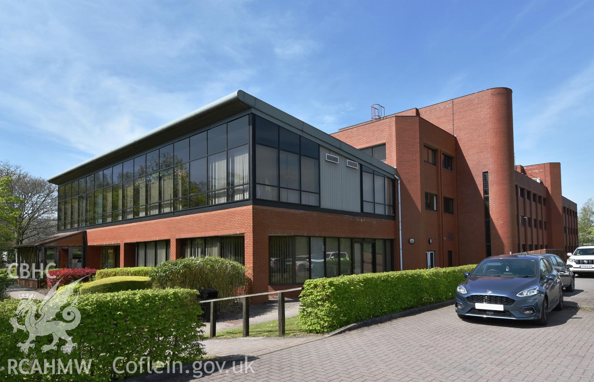 Exterior view of Ferranti Computer Complex, Ty Coch, in Cwmbran, photographed by Susan Fielding of RCAHMW on 23 April 2021.