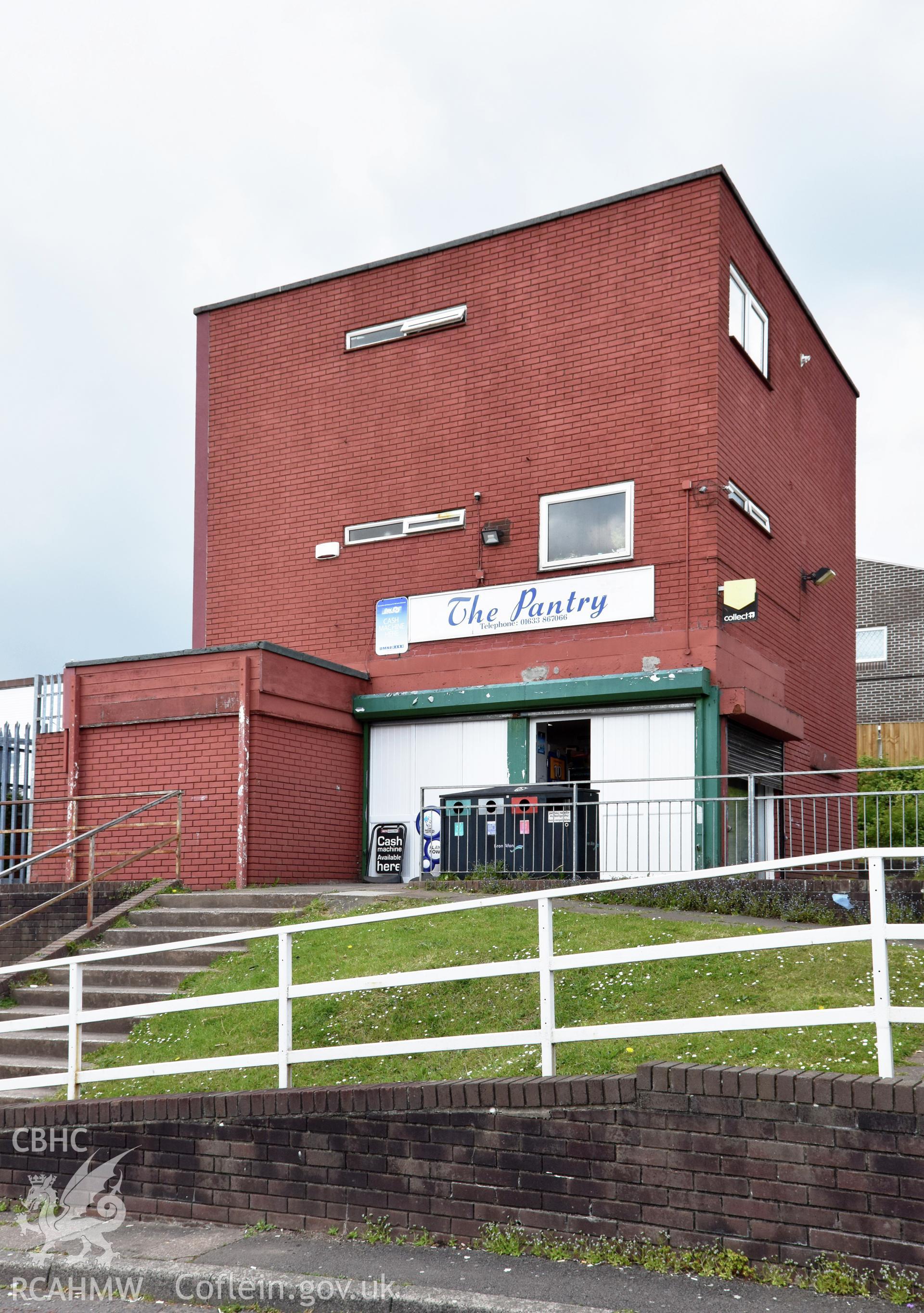 Exterior view of the Pantry Shop on Byways, in the Greenmeadow neighbourhood of Cwmbran, photographed by Susan Fielding of RCAHMW on 1 May 2021.