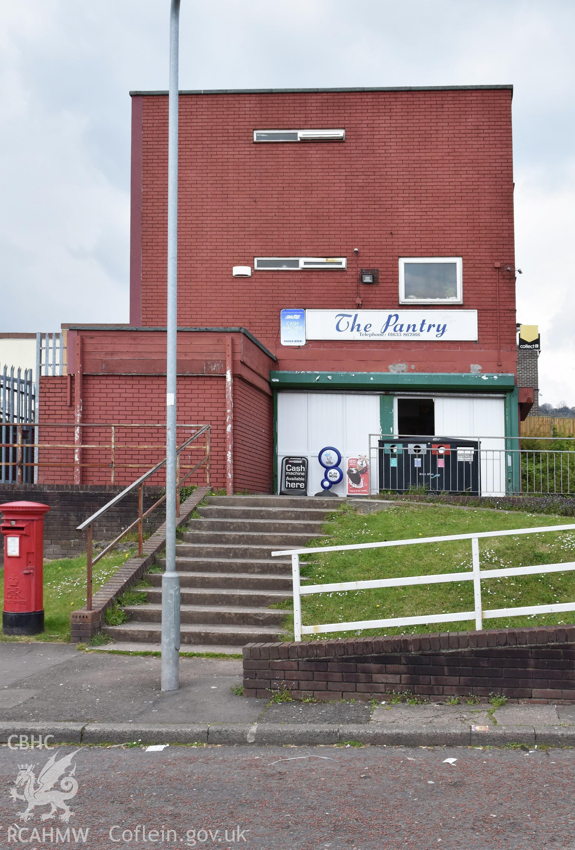Exterior view of the Pantry Shop on Byways, in the Greenmeadow neighbourhood of Cwmbran, photographed by Susan Fielding of RCAHMW on 1 May 2021.