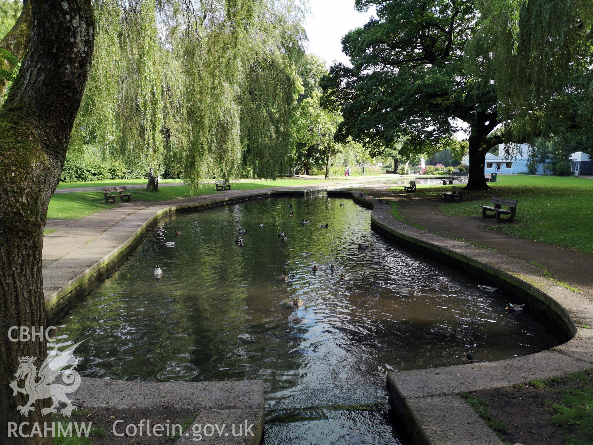 Ornamental running water feature flanked by trees at Cwmbran Park, photographed by Susan Fielding of RCAHMW on 12 September 2019.