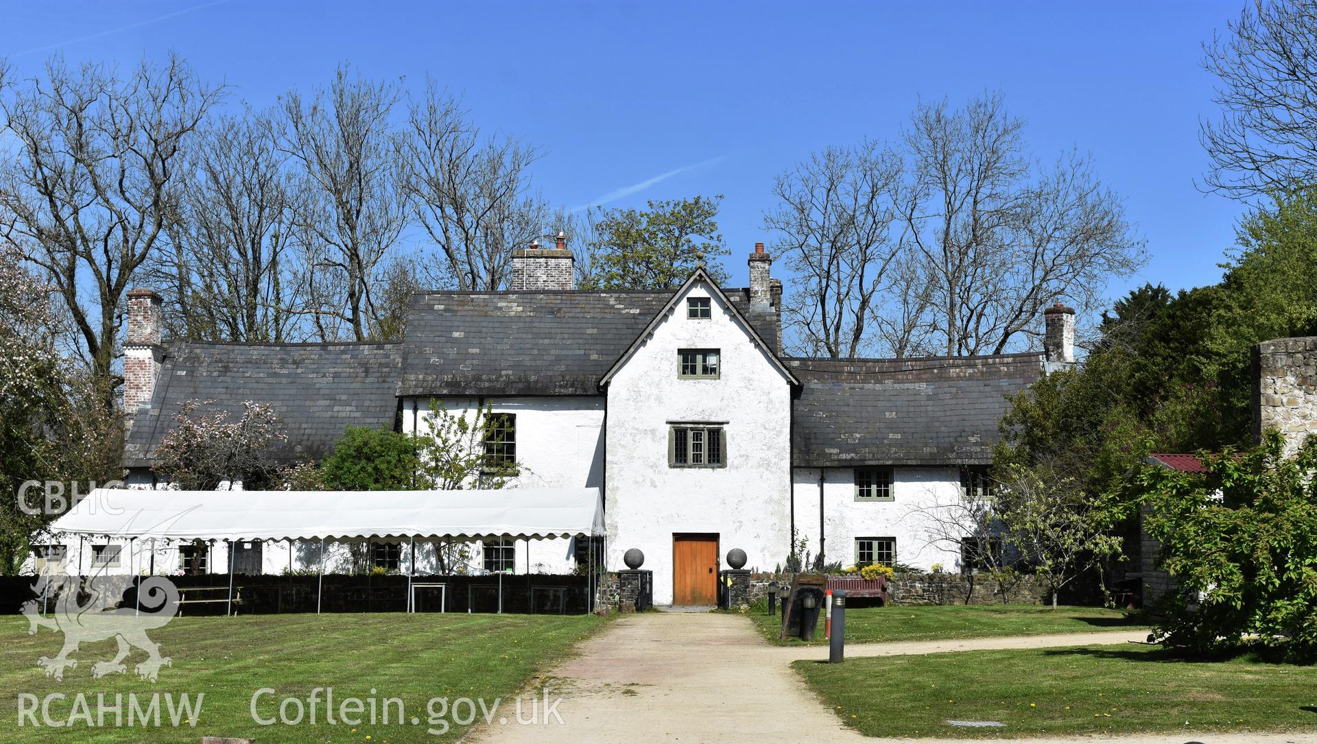 Exterior view showing front elevation of Llanyravon Manor, Cwmbran, photographed by Susan Fielding of RCAHMW on 23 April 2021.
