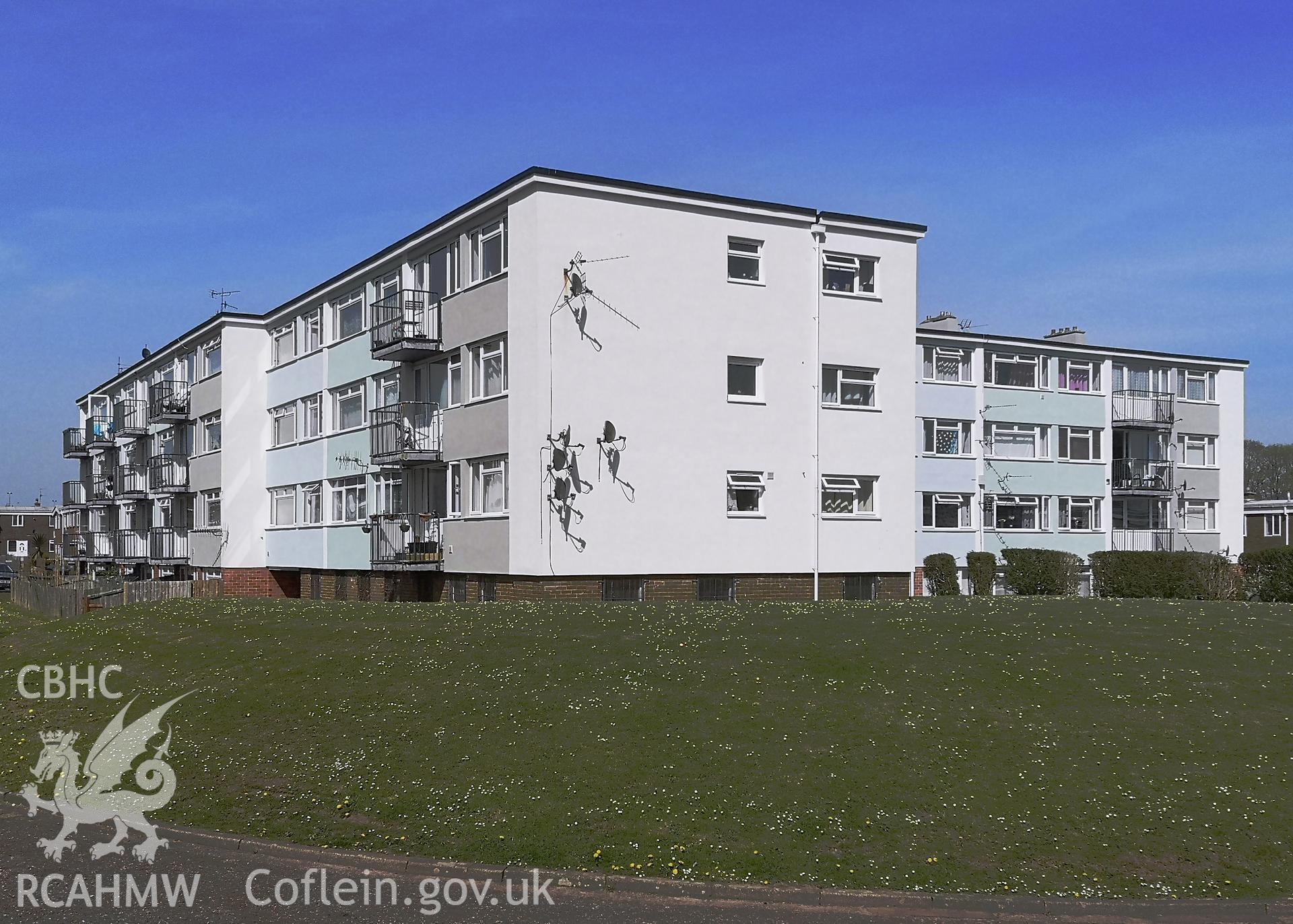 Exterior view of housing at Llandaff Green in Northville, Cwmbran, photographed by Susan Fielding of RCAHMW on 23 April 2021.