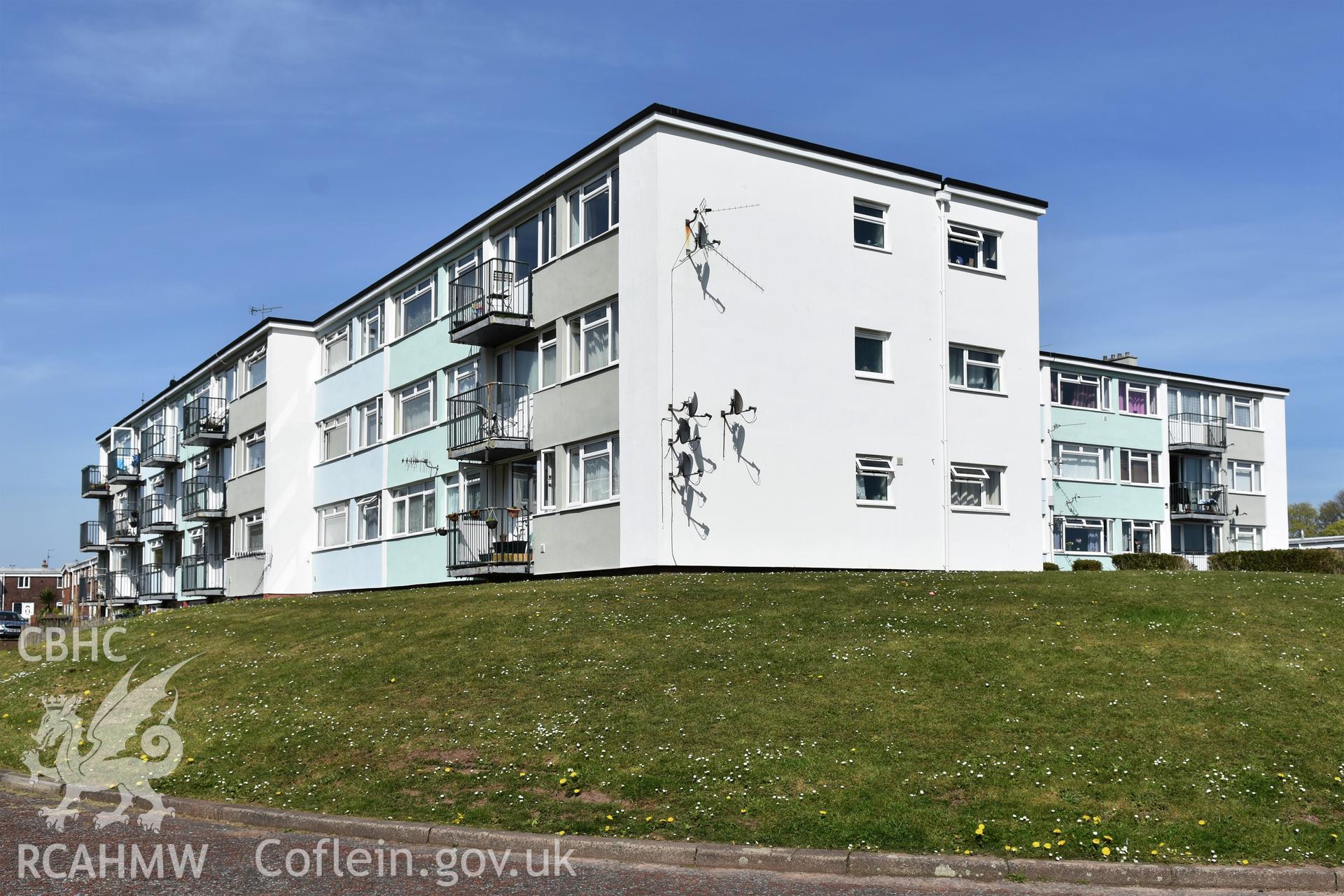 Exterior view of housing at Llandaff Green in Northville, Cwmbran, photographed by Susan Fielding of RCAHMW on 23 April 2021.