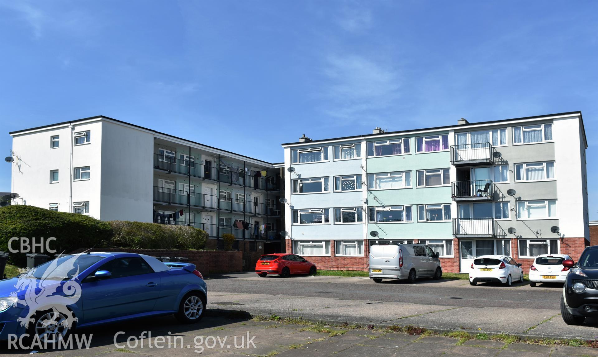 Exterior view of housing at Plas Craig in Northville, Cwmbran, photographed by Susan Fielding of RCAHMW on 23 April 2021.