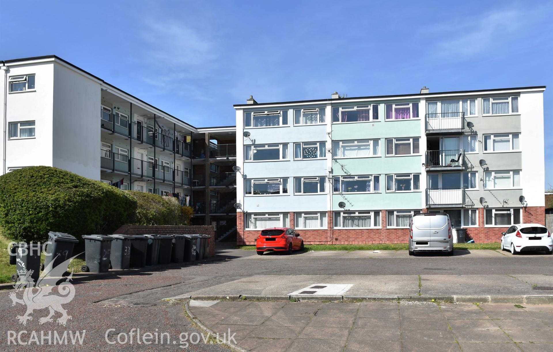 Exterior view of housing at Plas Craig in Northville, Cwmbran, photographed by Susan Fielding of RCAHMW on 23 April 2021.