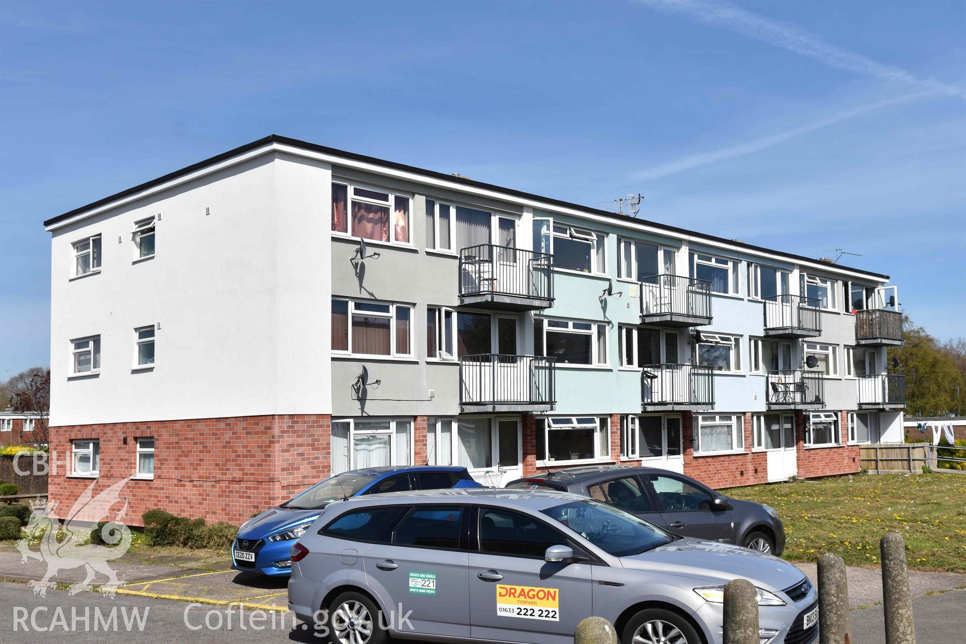 Exterior view of housing at Plas Craig in Northville, Cwmbran, photographed by Susan Fielding of RCAHMW on 23 April 2021.