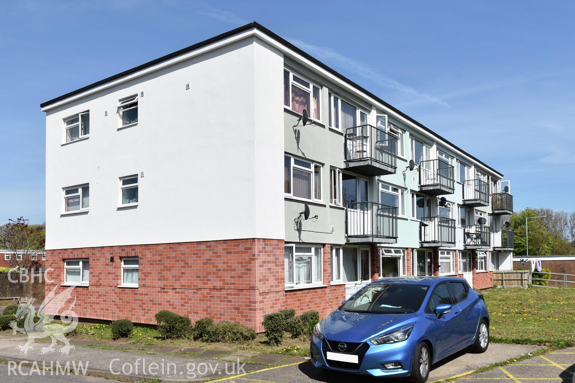 Exterior view of housing at Plas Craig in Northville, Cwmbran, photographed by Susan Fielding of RCAHMW on 23 April 2021.