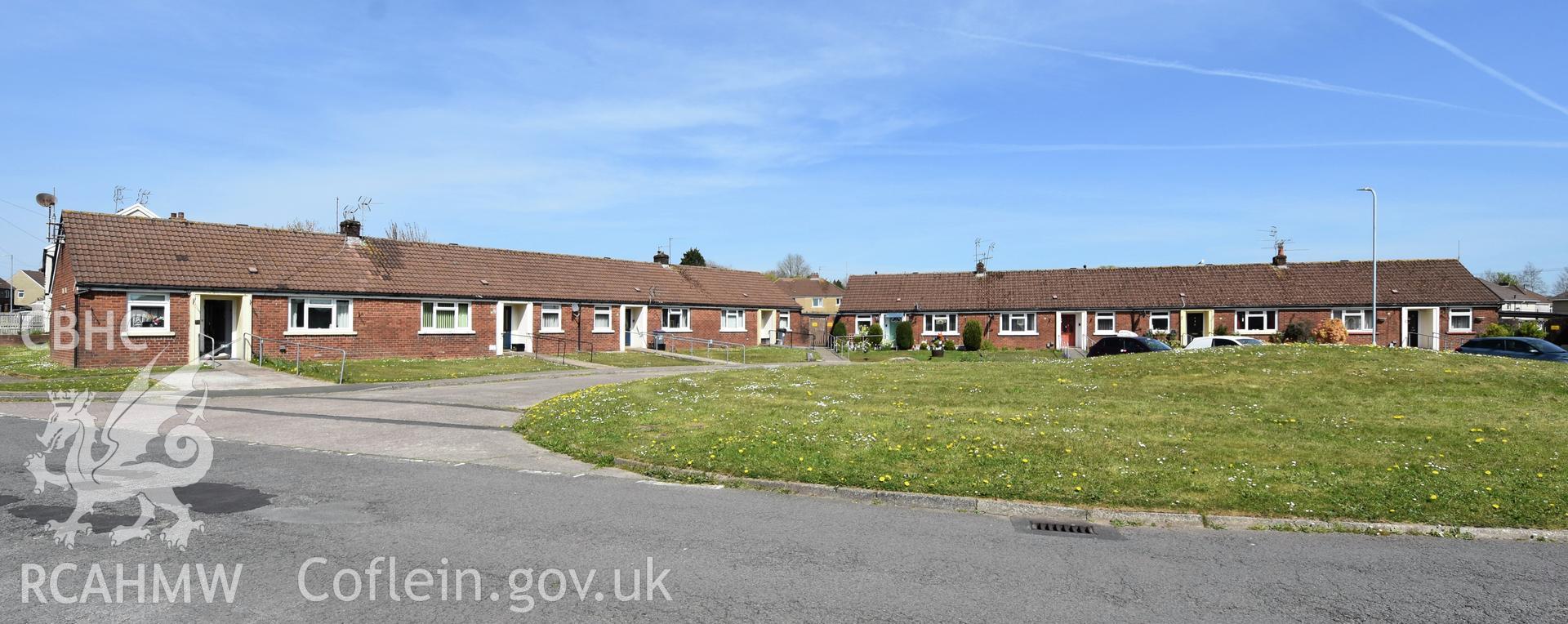 Exterior view showing Cwmbran Development Corporation Sheltered Housing Scheme on The Highway in the Oakfield Neighbourhood of Cwmbran, photographed by Susan Fielding of RCAHMW between 23 April 2021.