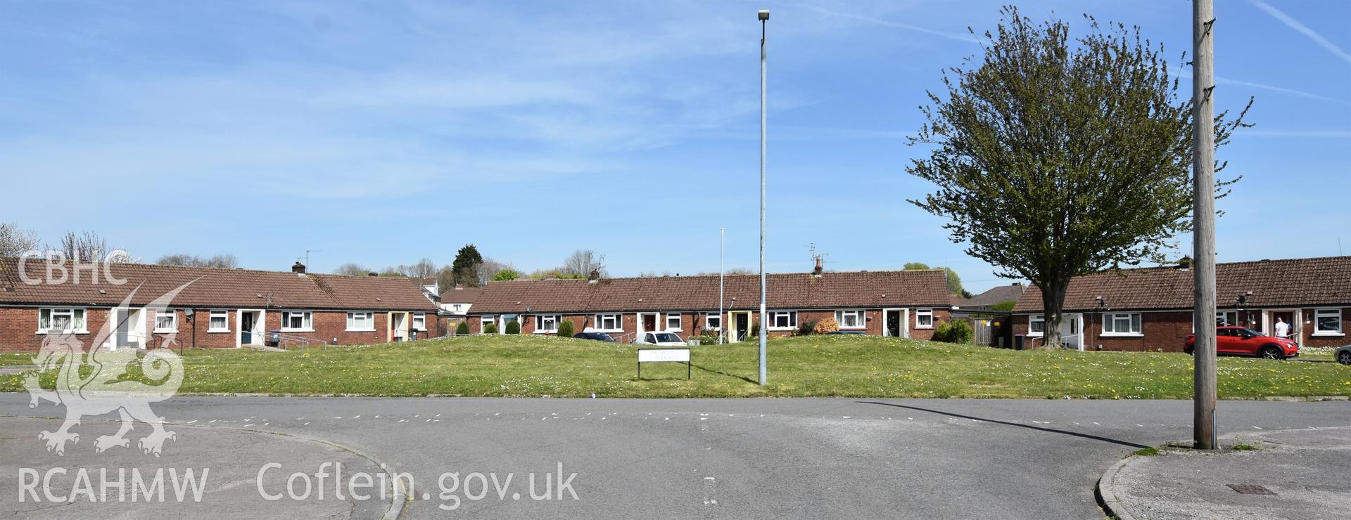 Exterior view showing Cwmbran Development Corporation Sheltered Housing Scheme on The Highway in the Oakfield Neighbourhood of Cwmbran, photographed by Susan Fielding of RCAHMW between 23 April 2021.
