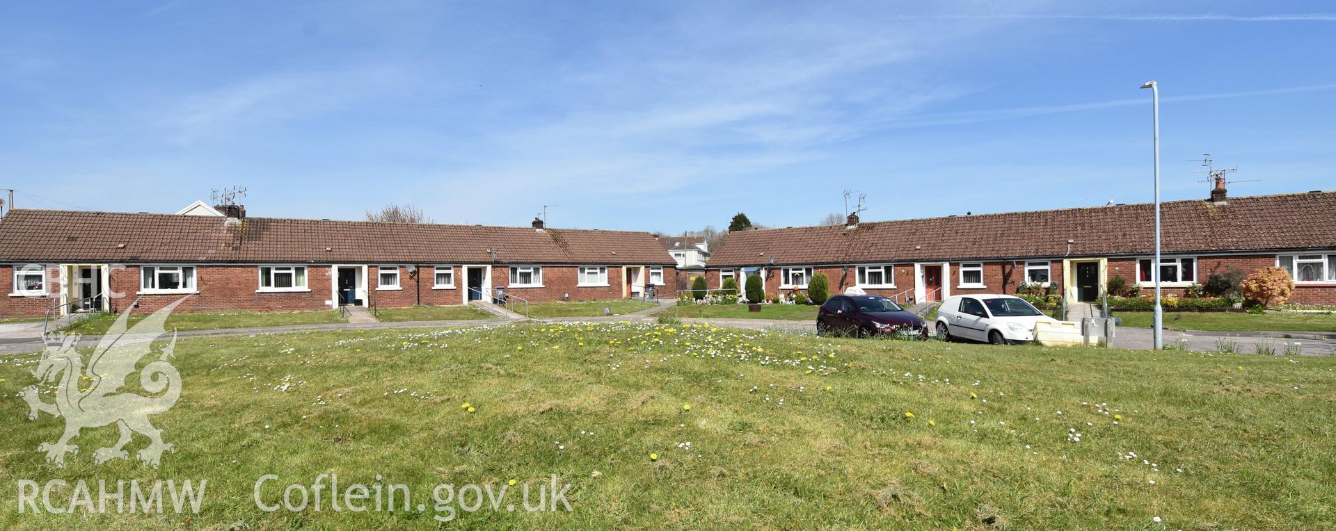 Exterior view showing Cwmbran Development Corporation Sheltered Housing Scheme on The Highway in the Oakfield Neighbourhood of Cwmbran, photographed by Susan Fielding of RCAHMW between 23 April 2021.
