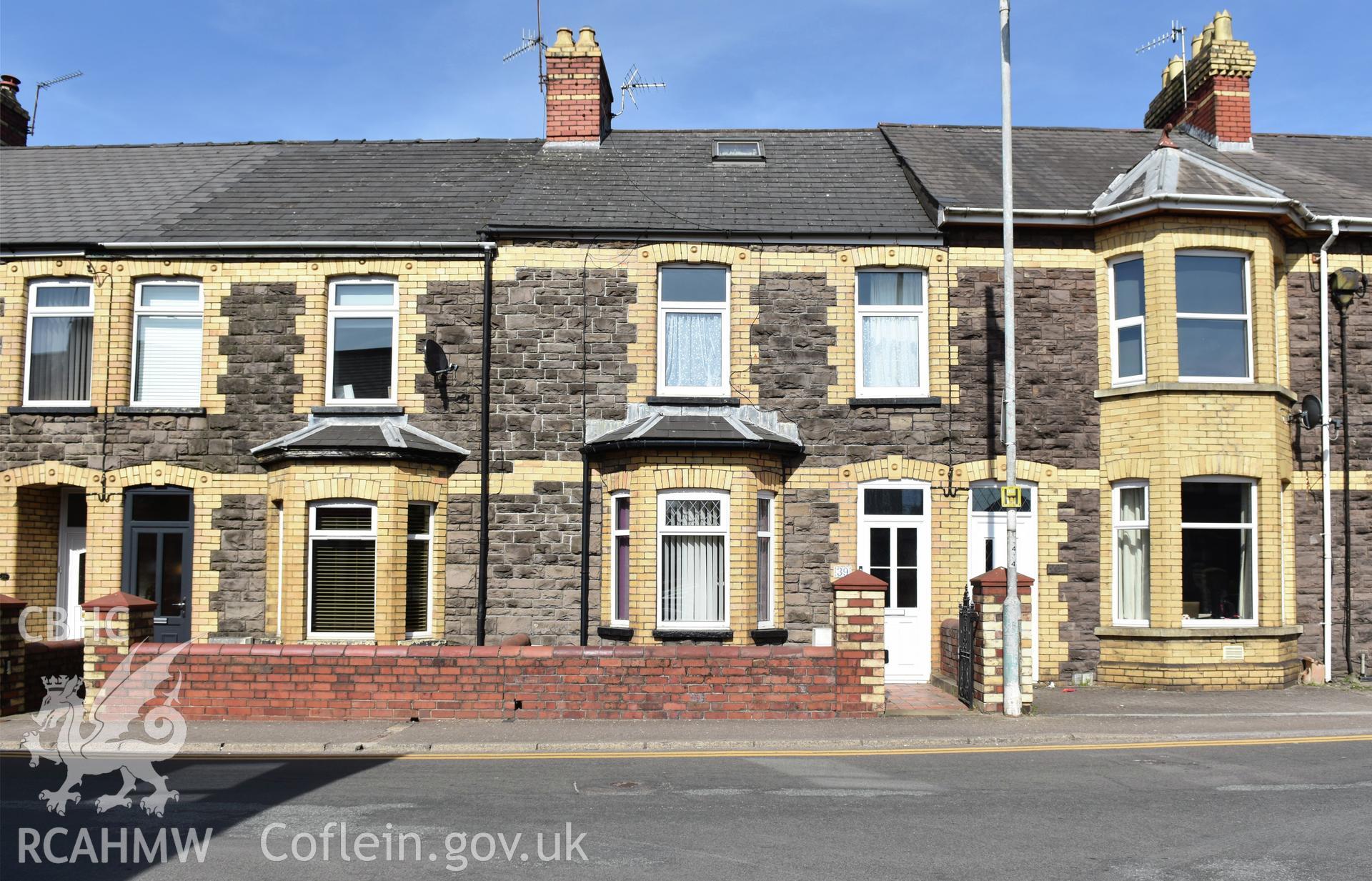 Exterior view showing front elevation of terraced housing on Victoria Street in the Oakfield Neighbourhood of Cwmbran, photographed by Susan Fielding of RCAHMW between 23 April 2021.