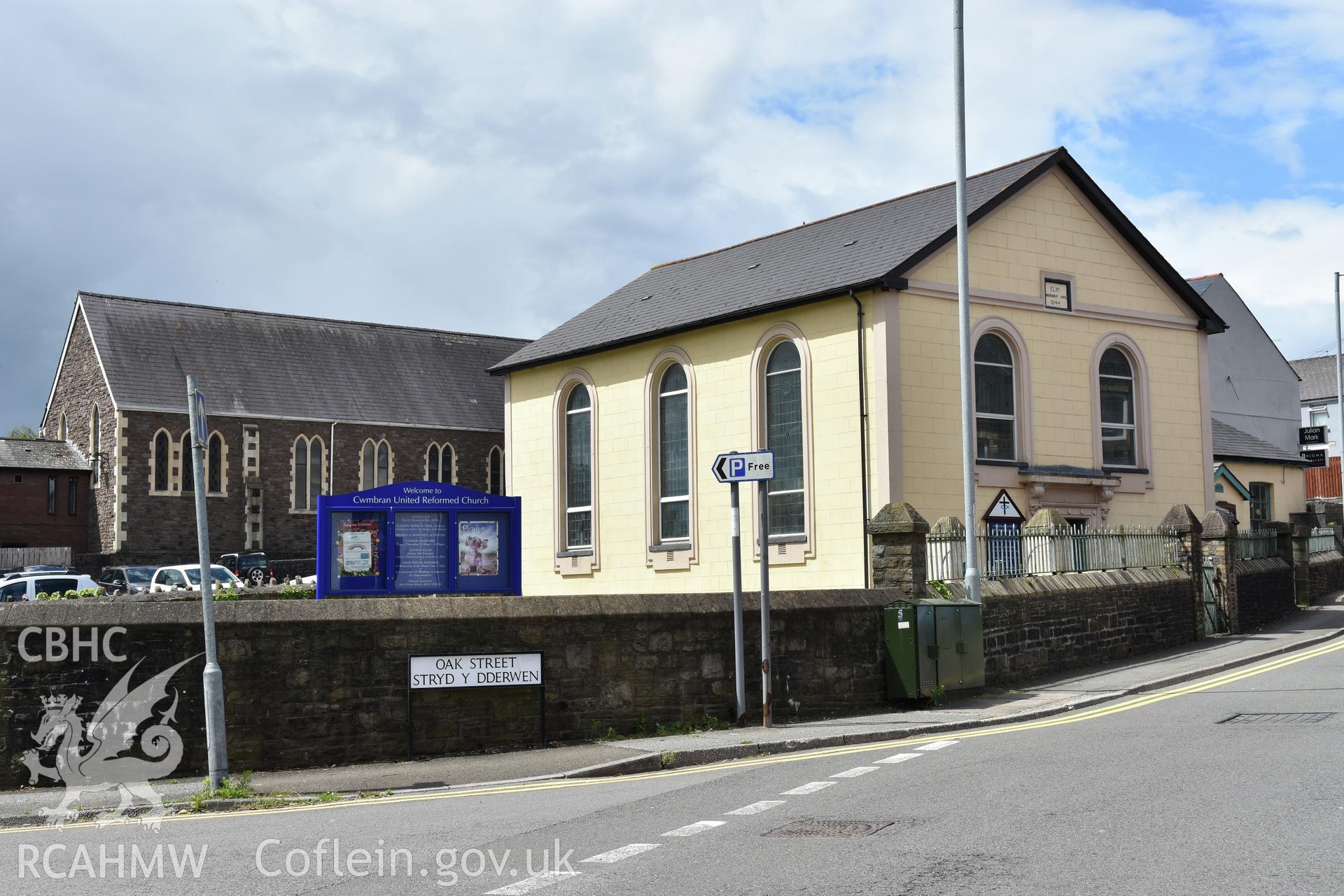 Exterior view showing Elim Independent Chapel (now United Reform Church) in the Oakfield area of Cwmbran. Photographed by Susan Fielding of RCAHMW on 25 May 2021.
