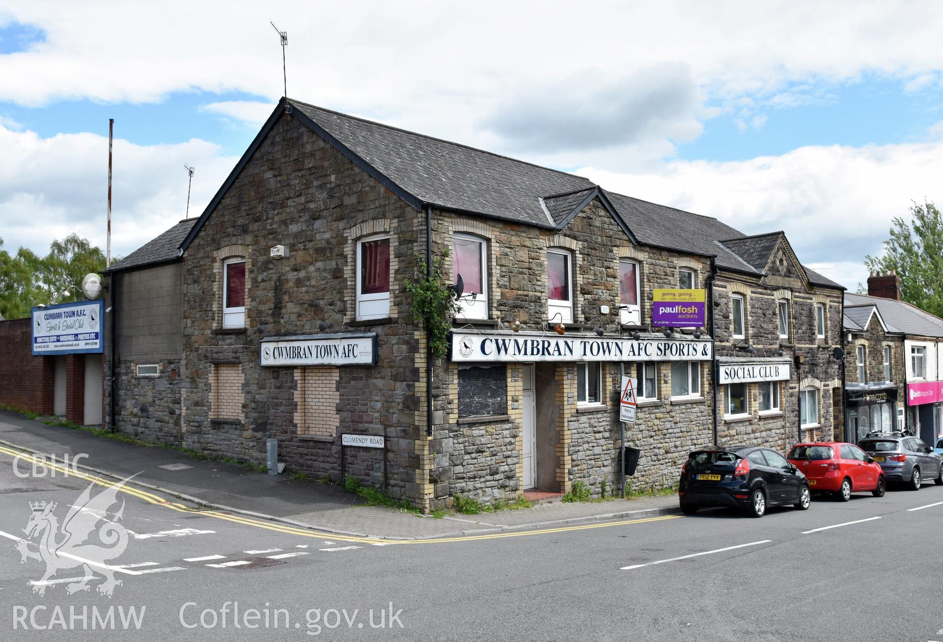 Exterior view of Cwmbran Town AFC Sports and Social Club in the Oakfield area of Cwmbran. Photographed by Susan Fielding of RCAHMW on 25 May 2021.