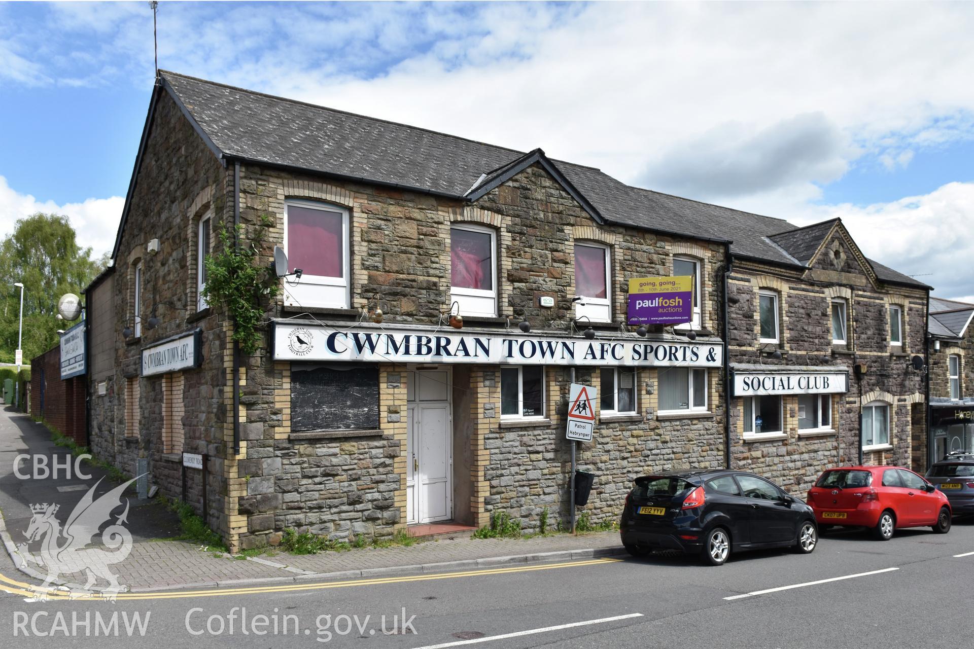 Exterior view of Cwmbran Town AFC Sports and Social Club in the Oakfield area of Cwmbran. Photographed by Susan Fielding of RCAHMW on 25 May 2021.