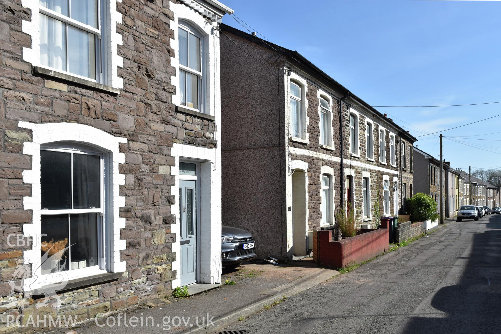 Exterior view of terraced housing in the Pontnewydd area of Cwmbran, photographed by Susan Fielding of RCAHMW on 23 April 2021.