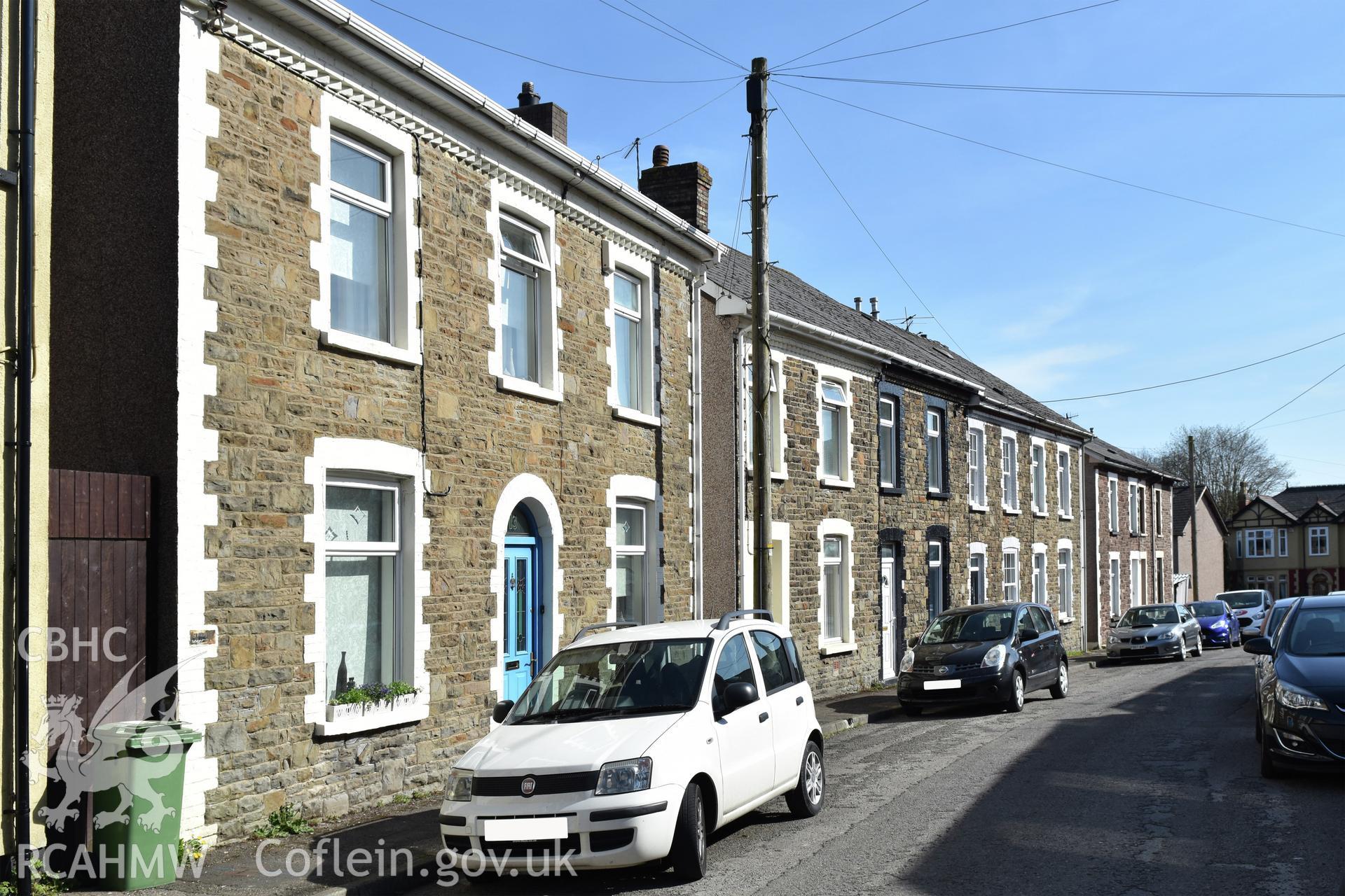 Exterior view of terraced housing in the Pontnewydd area of Cwmbran, photographed by Susan Fielding of RCAHMW on 23 April 2021.