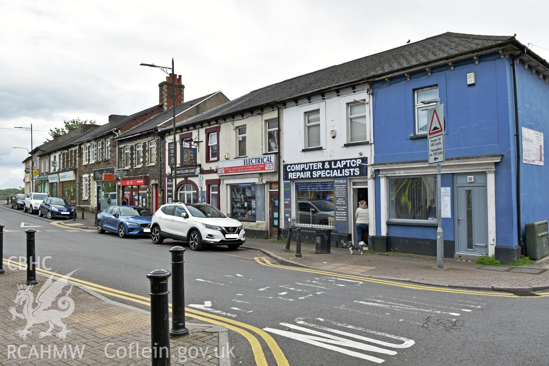 Front elevation of shops on a street in the Pontnewydd area of Cwmbran. Photographed by Susan Fielding of RCAHMW on 25 May 2021.