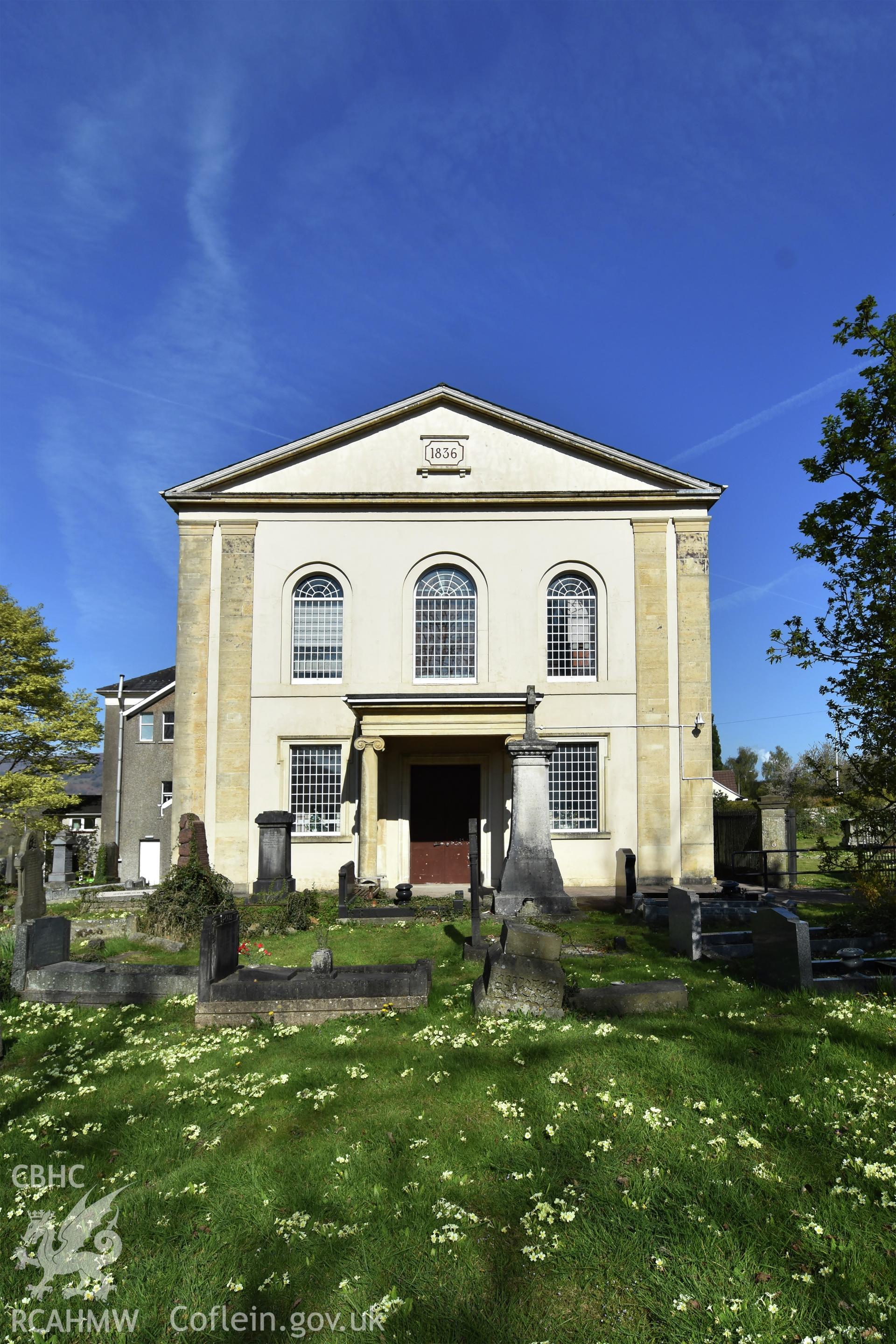 Exterior view showing front elevation of Pontrhydyrun Baptist Chapel in Cwmbran, photographed by Susan Fielding of RCAHMW on 23 April 2021.