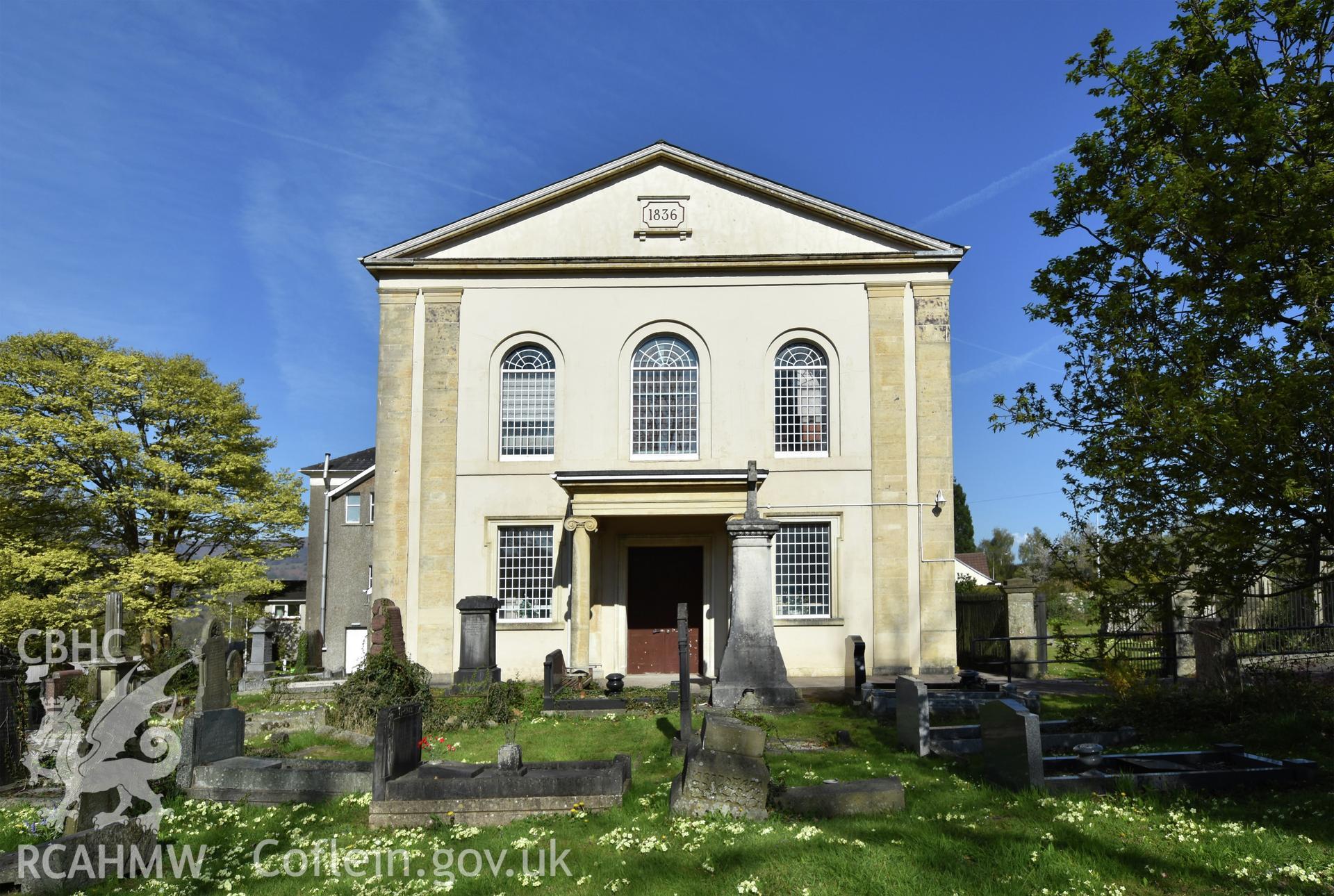 Exterior view showing front elevation of Pontrhydyrun Baptist Chapel in Cwmbran, photographed by Susan Fielding of RCAHMW on 23 April 2021.