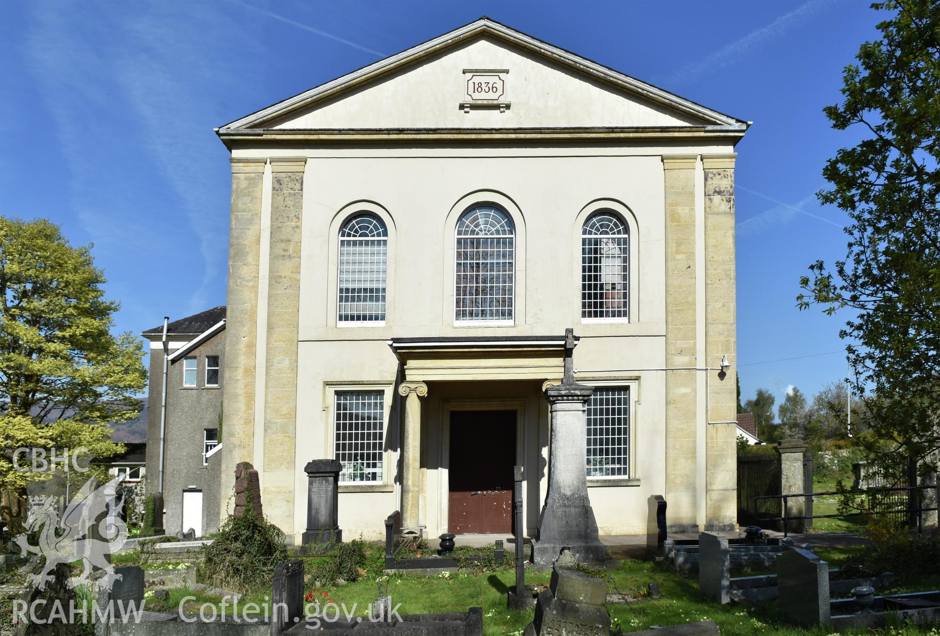 Exterior view showing front elevation of Pontrhydyrun Baptist Chapel in Cwmbran, photographed by Susan Fielding of RCAHMW on 23 April 2021.