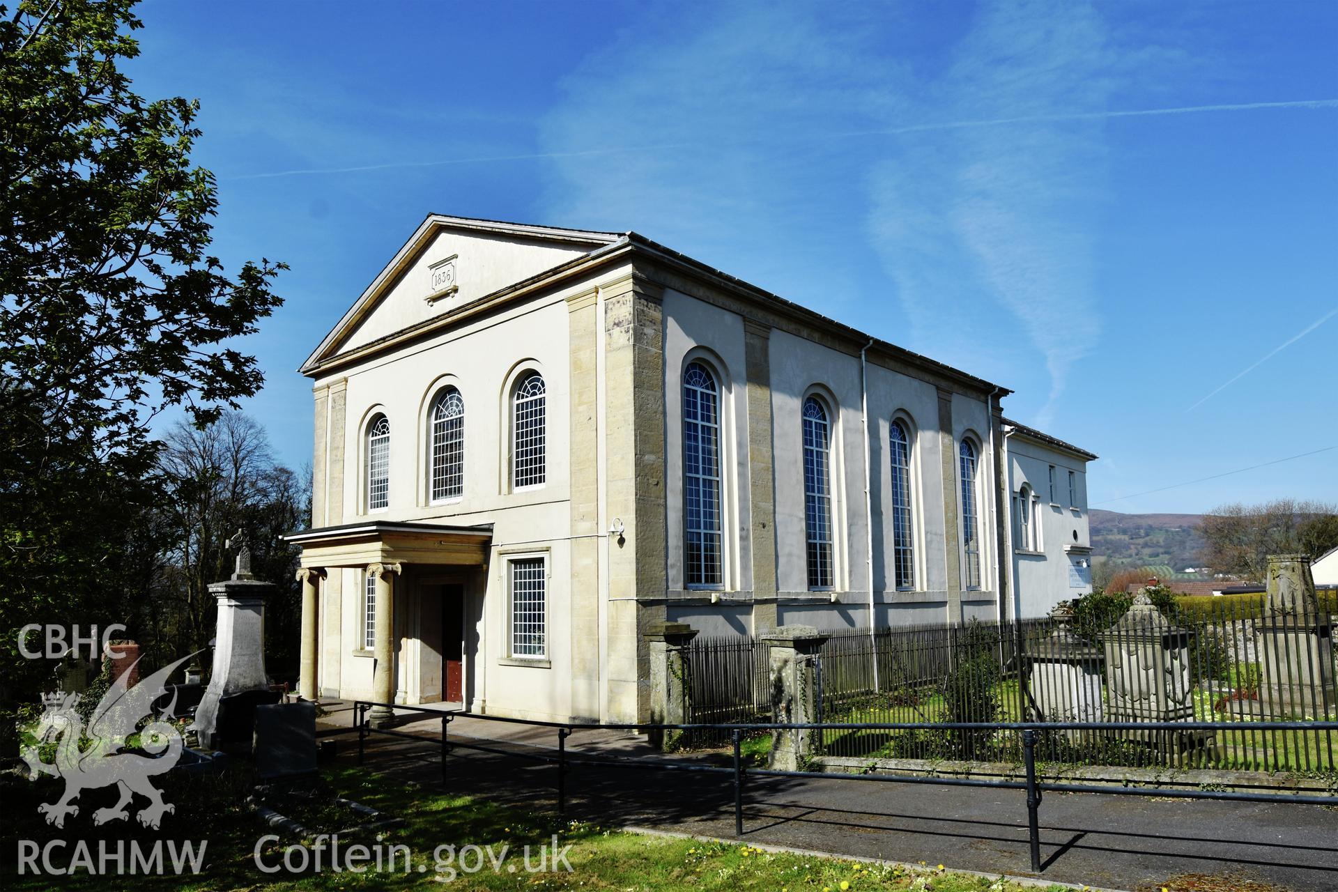 Exterior view showing front and side elevation of Pontrhydyrun Baptist Chapel in Cwmbran, photographed by Susan Fielding of RCAHMW on 23 April 2021.