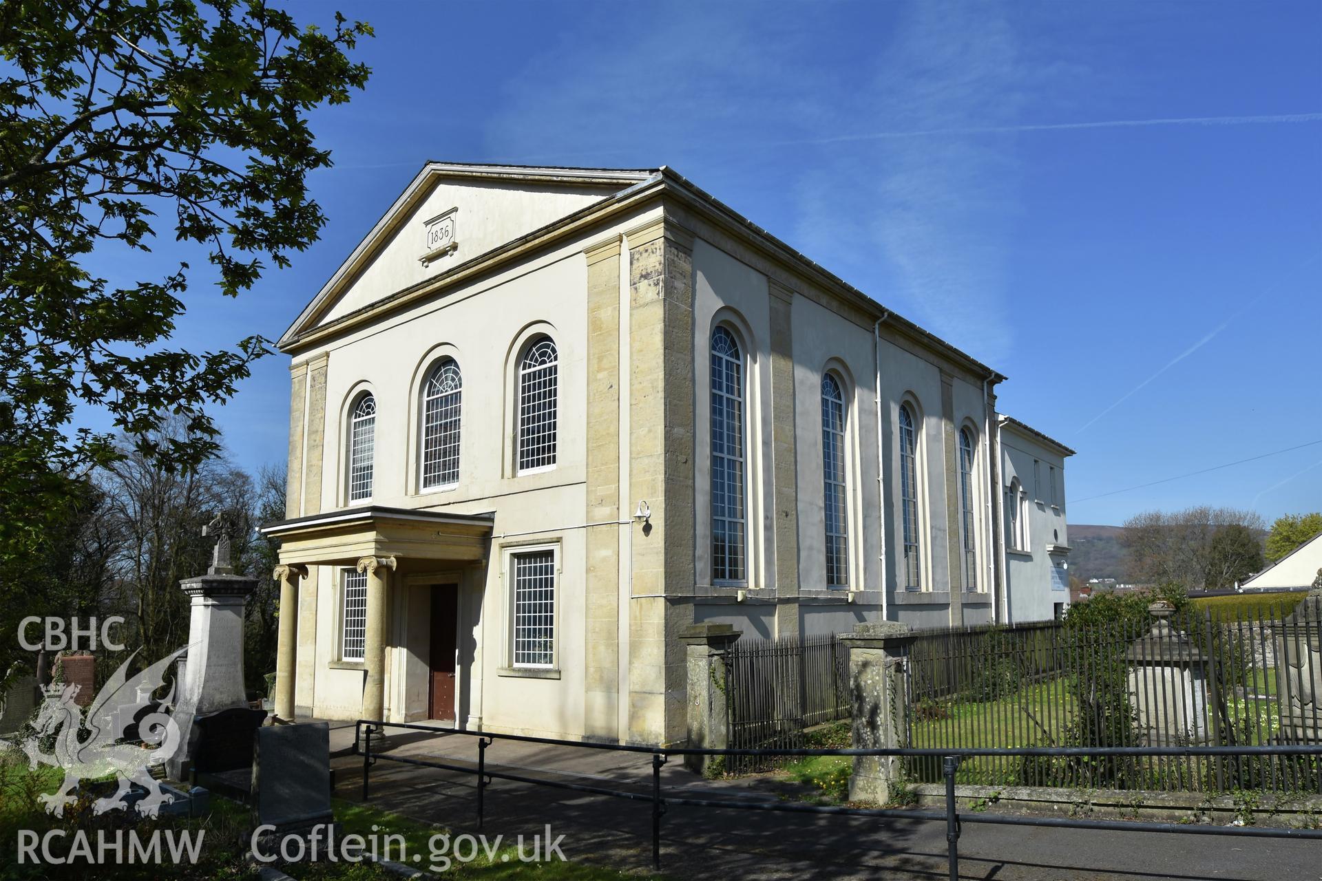 Exterior view showing front and side elevation of Pontrhydyrun Baptist Chapel in Cwmbran, photographed by Susan Fielding of RCAHMW on 23 April 2021.