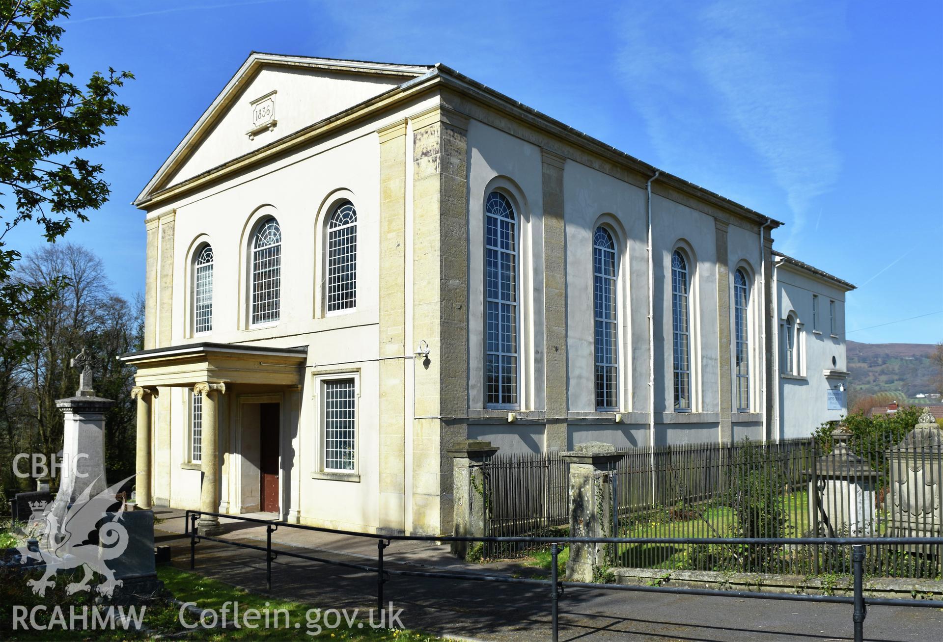 Exterior view showing front and side elevation of Pontrhydyrun Baptist Chapel in Cwmbran, photographed by Susan Fielding of RCAHMW on 23 April 2021.