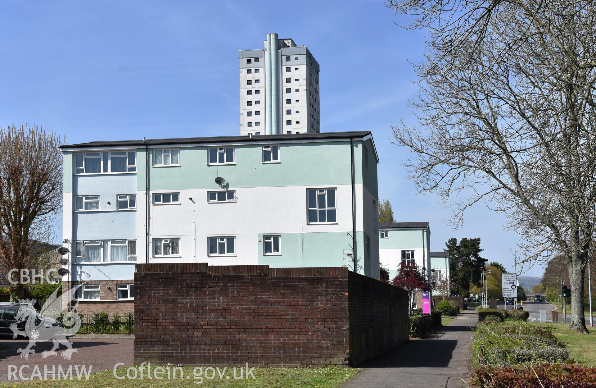 Exterior view of medium rise blocks on St David's Road, Southville, Cwmbran, photographed by Susan Fielding of RCAHMW on 23 April 2021.