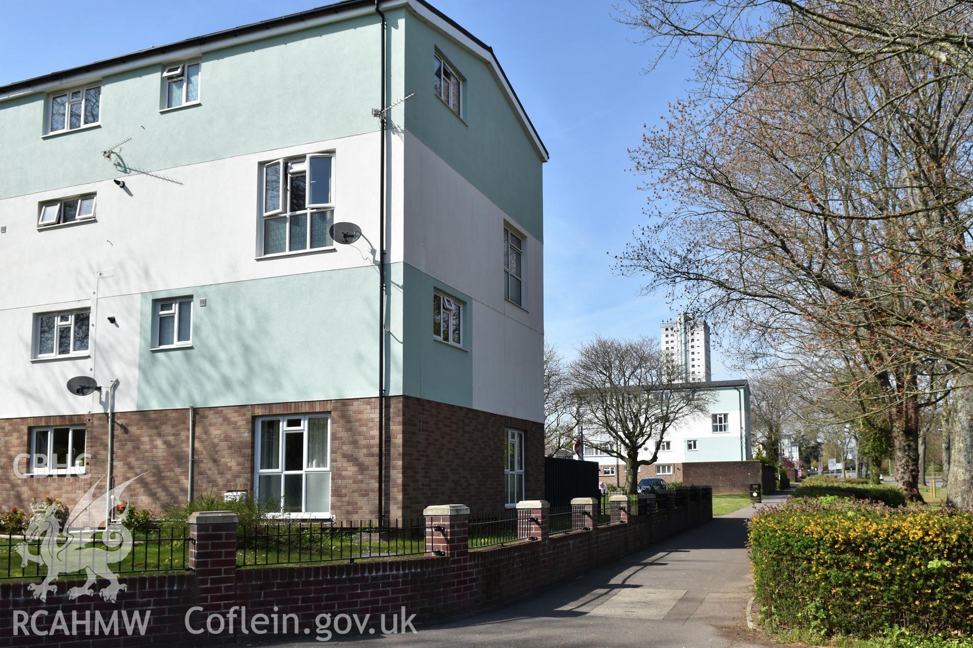 Exterior view of medium rise blocks on St David's Road, Southville, Cwmbran, photographed by Susan Fielding of RCAHMW on 23 April 2021.