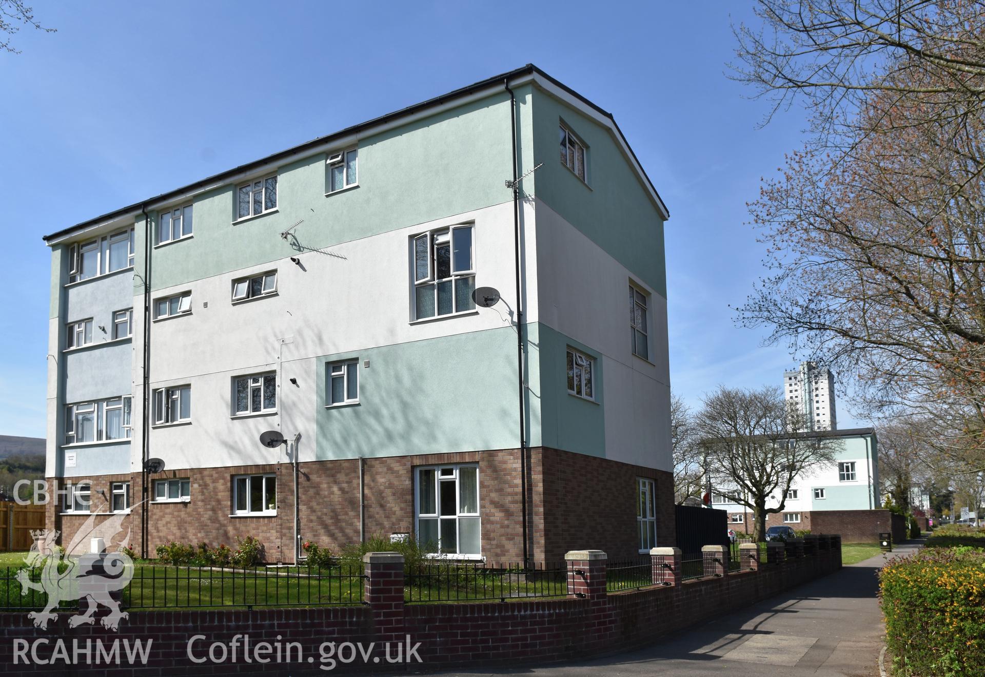 Exterior view of medium rise blocks on St David's Road, Southville, Cwmbran, photographed by Susan Fielding of RCAHMW on 23 April 2021.