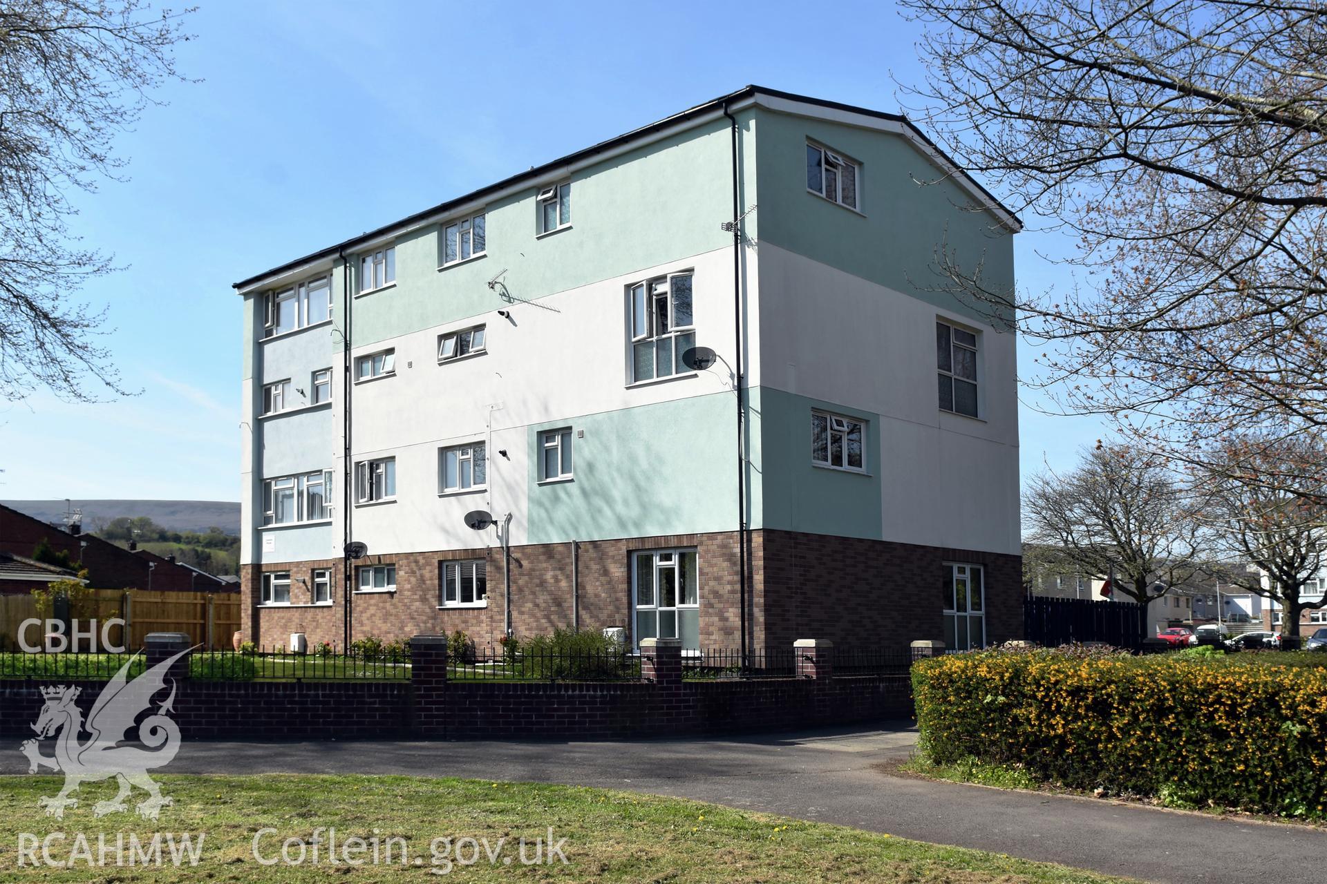 Exterior view of medium rise blocks on St David's Road, Southville, Cwmbran, photographed by Susan Fielding of RCAHMW on 23 April 2021.