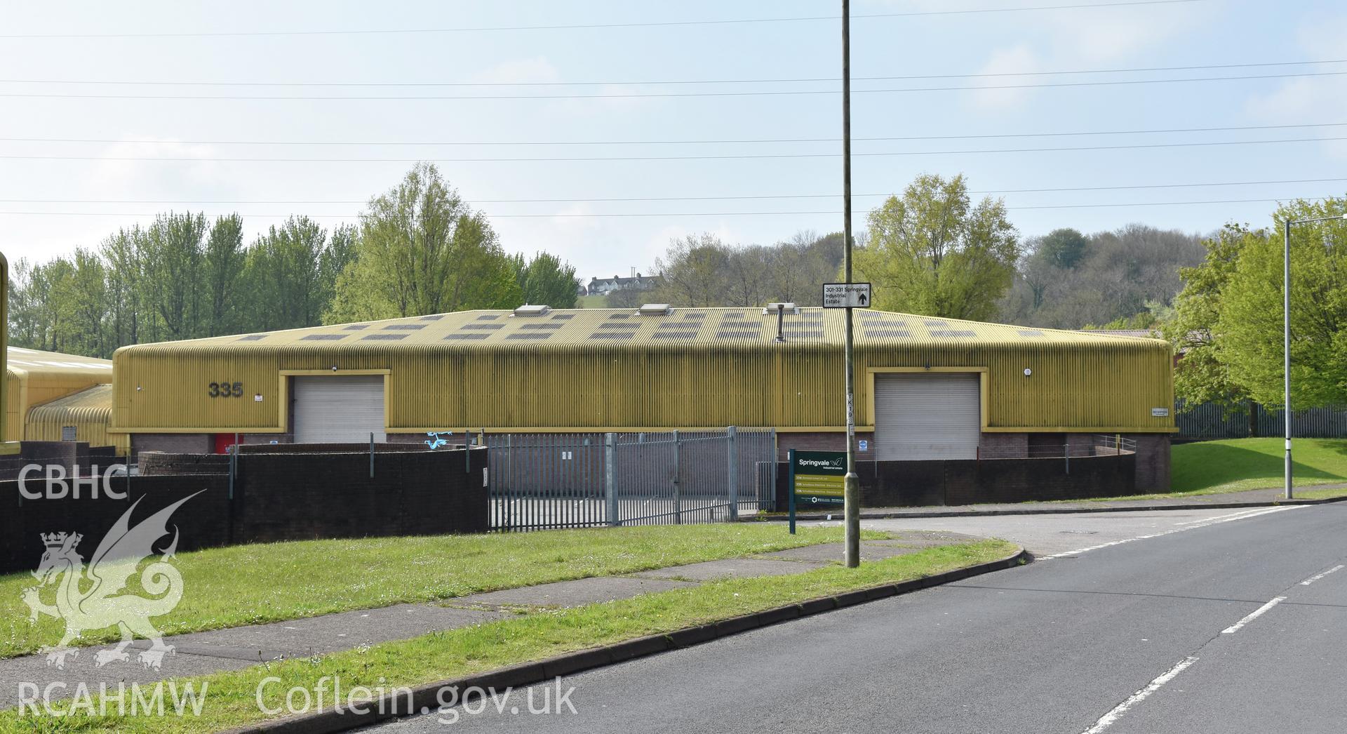 Exterior view of building on Springfield Industrial Estate, Thornhill, Cwmbran, photographed by Susan Fielding of RCAHMW between on 1 May 2021.