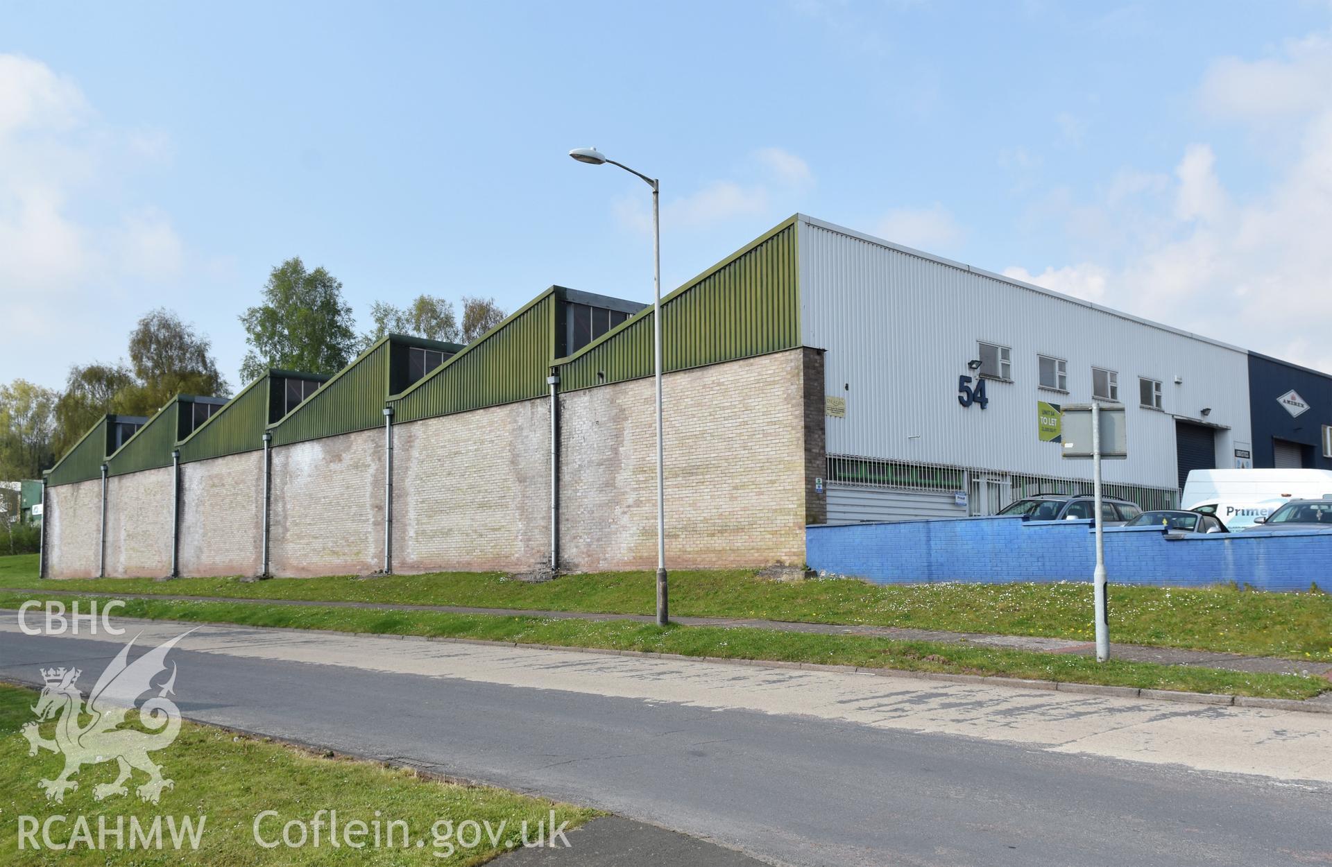 Exterior view of Unit 54 on Springfield Industrial Estate, Thornhill, Cwmbran, photographed by Susan Fielding of RCAHMW between on 1 May 2021.