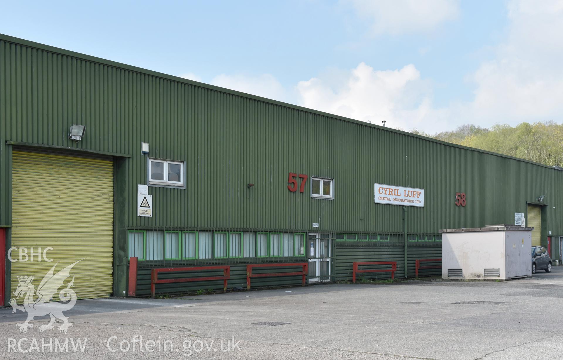 Exterior view of Cyril Luff Metal Decorators Ltd (unit 57 and 58) on Springfield Industrial Estate, Thornhill, Cwmbran, photographed by Susan Fielding of RCAHMW between on 1 May 2021.