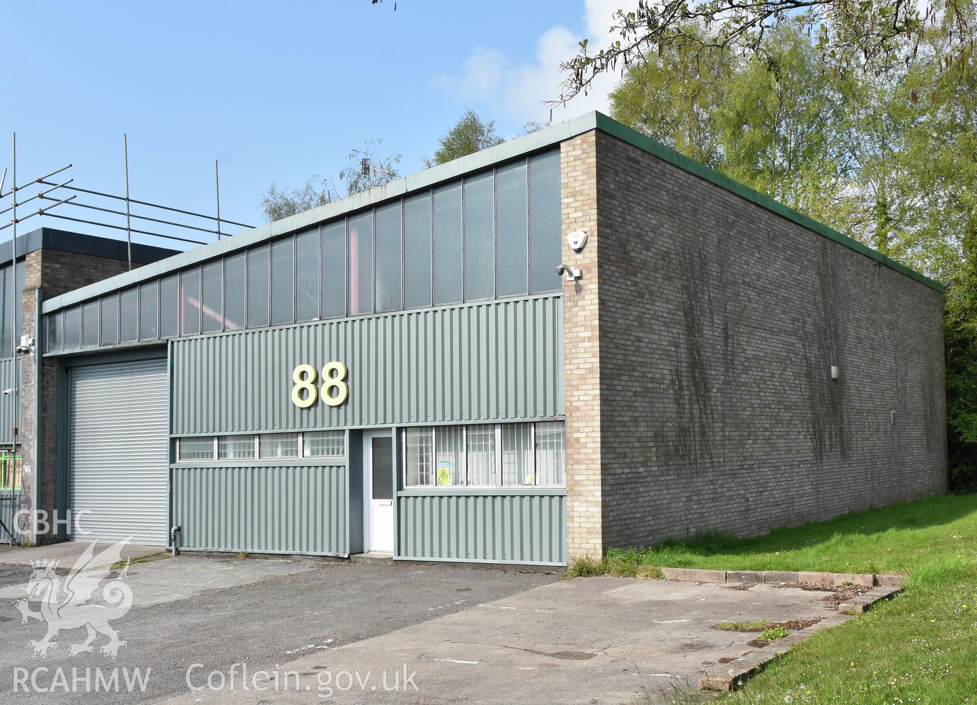 Exterior view of Unit 88 on Springfield Industrial Estate, Thornhill, Cwmbran, photographed by Susan Fielding of RCAHMW between on 1 May 2021.