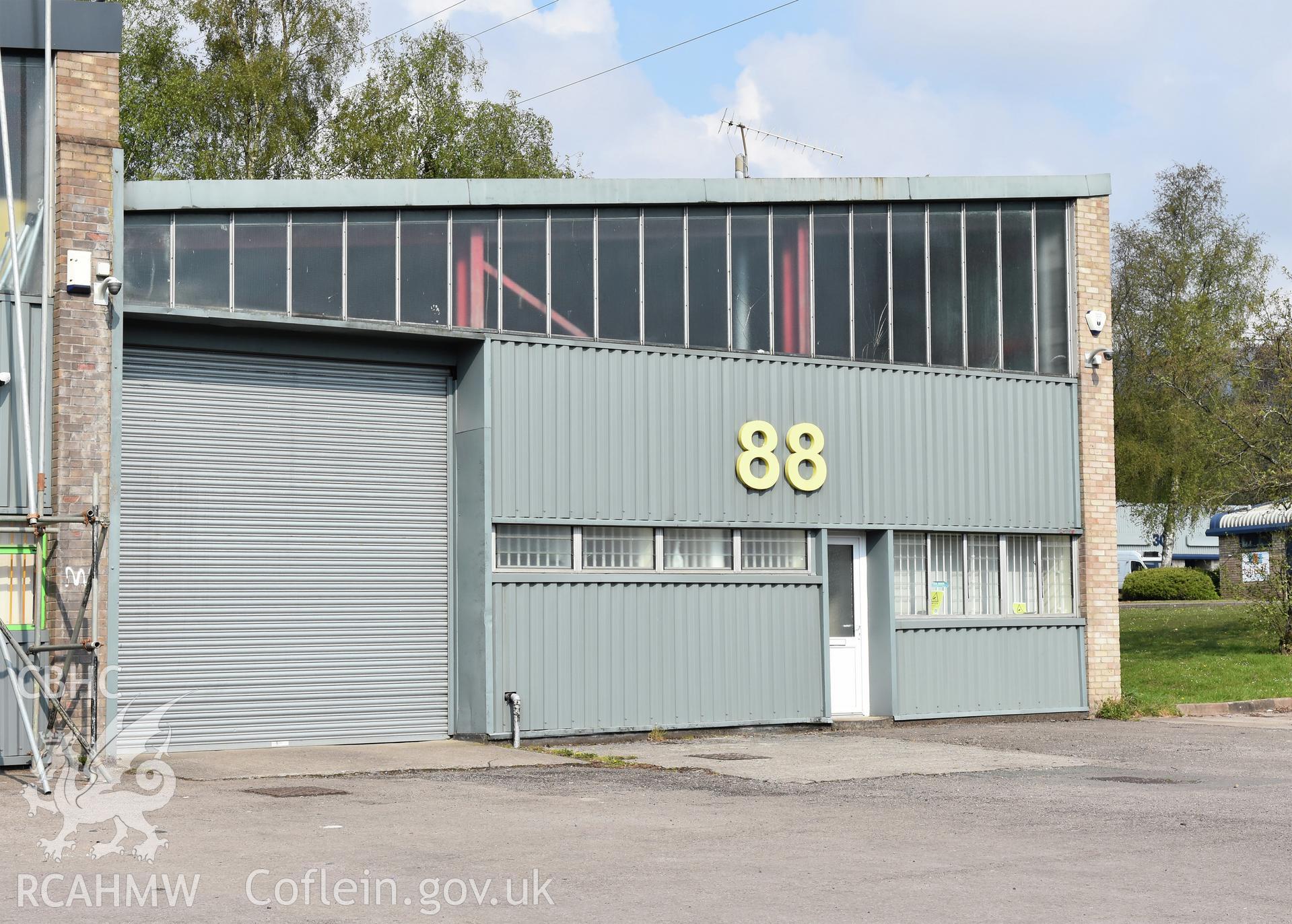 Exterior view of Unit 88 on Springfield Industrial Estate, Thornhill, Cwmbran, photographed by Susan Fielding of RCAHMW between on 1 May 2021.