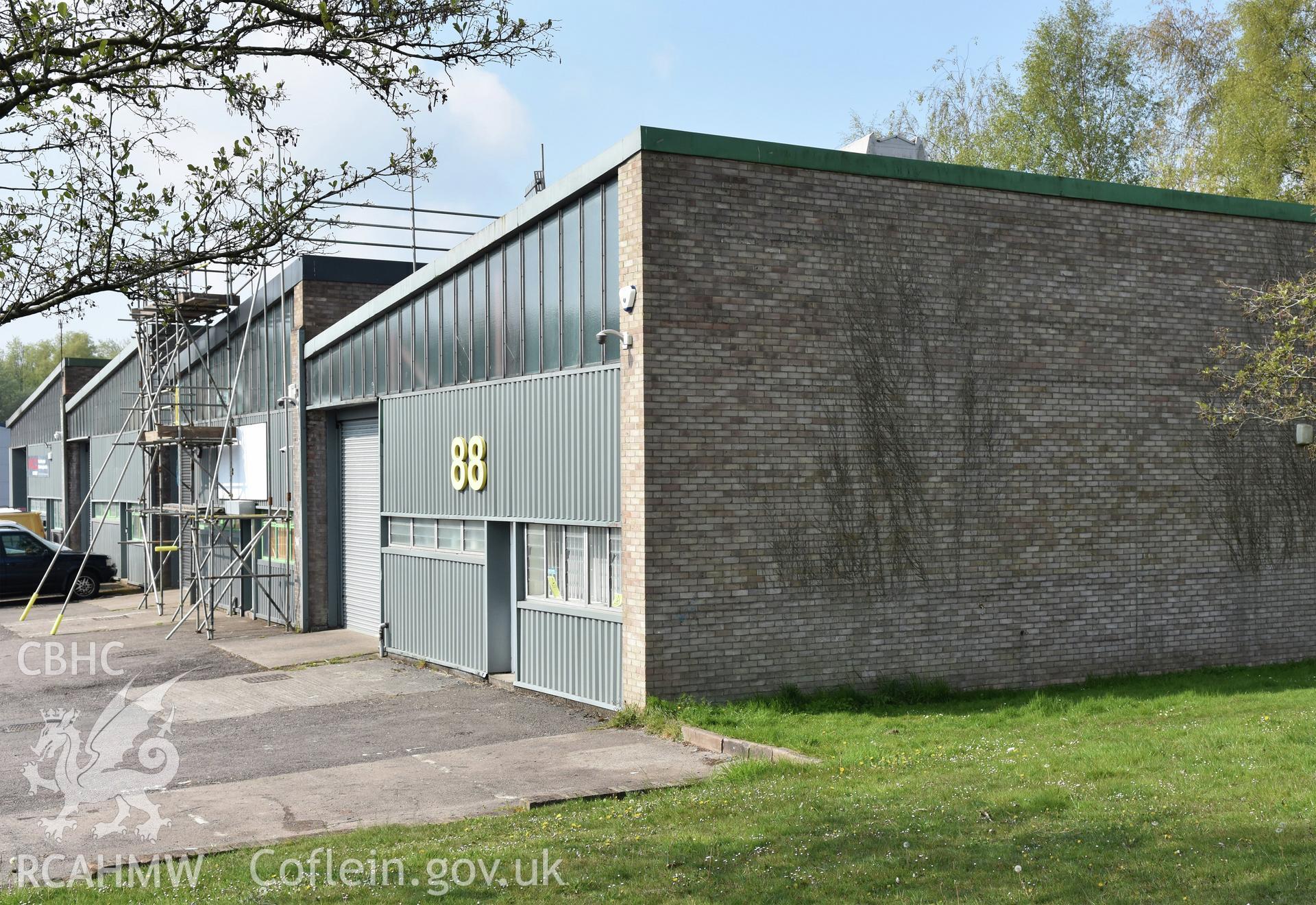 Exterior view of Unit 88 on Springfield Industrial Estate, Thornhill, Cwmbran, photographed by Susan Fielding of RCAHMW between on 1 May 2021.