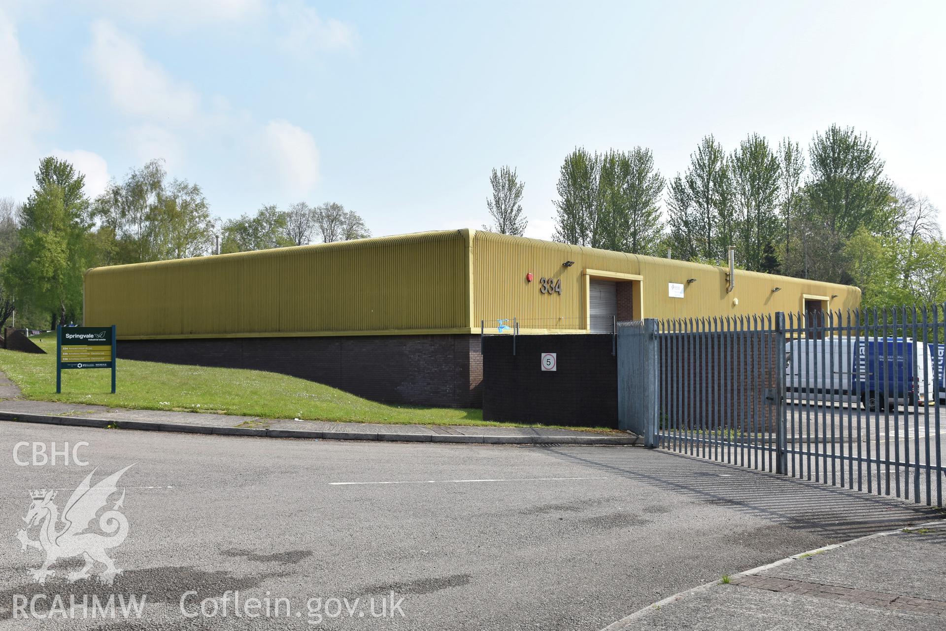 Exterior view of Unit 334 on Springfield Industrial Estate, Thornhill, Cwmbran, photographed by Susan Fielding of RCAHMW between on 1 May 2021.