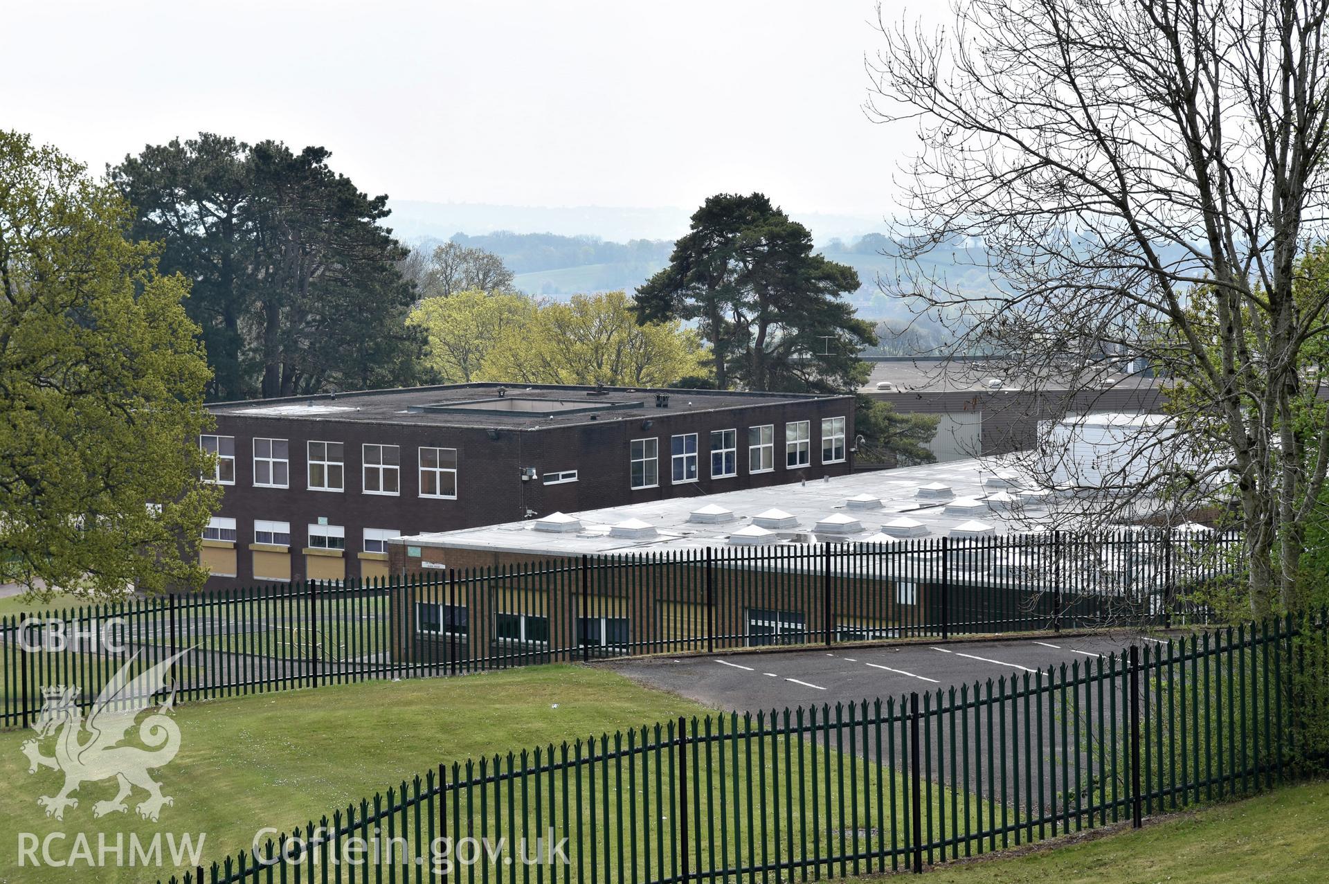 Exterior view of Fairwater Comprehensive School in Cwmbran, photographed by Susan Fielding of RCAHMW on 1 May 2021.