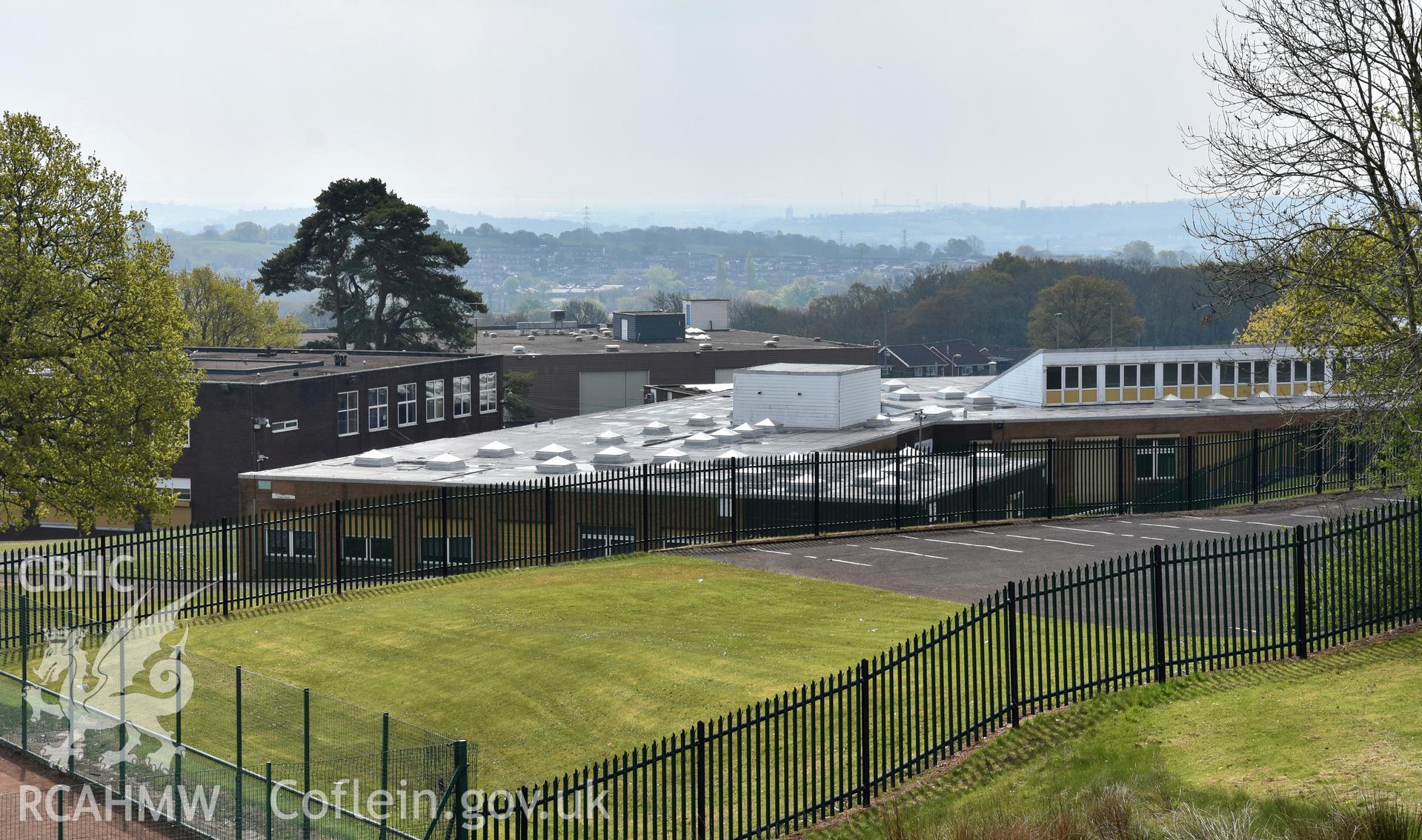 Exterior view of Fairwater Comprehensive School in Cwmbran, photographed by Susan Fielding of RCAHMW on 1 May 2021.