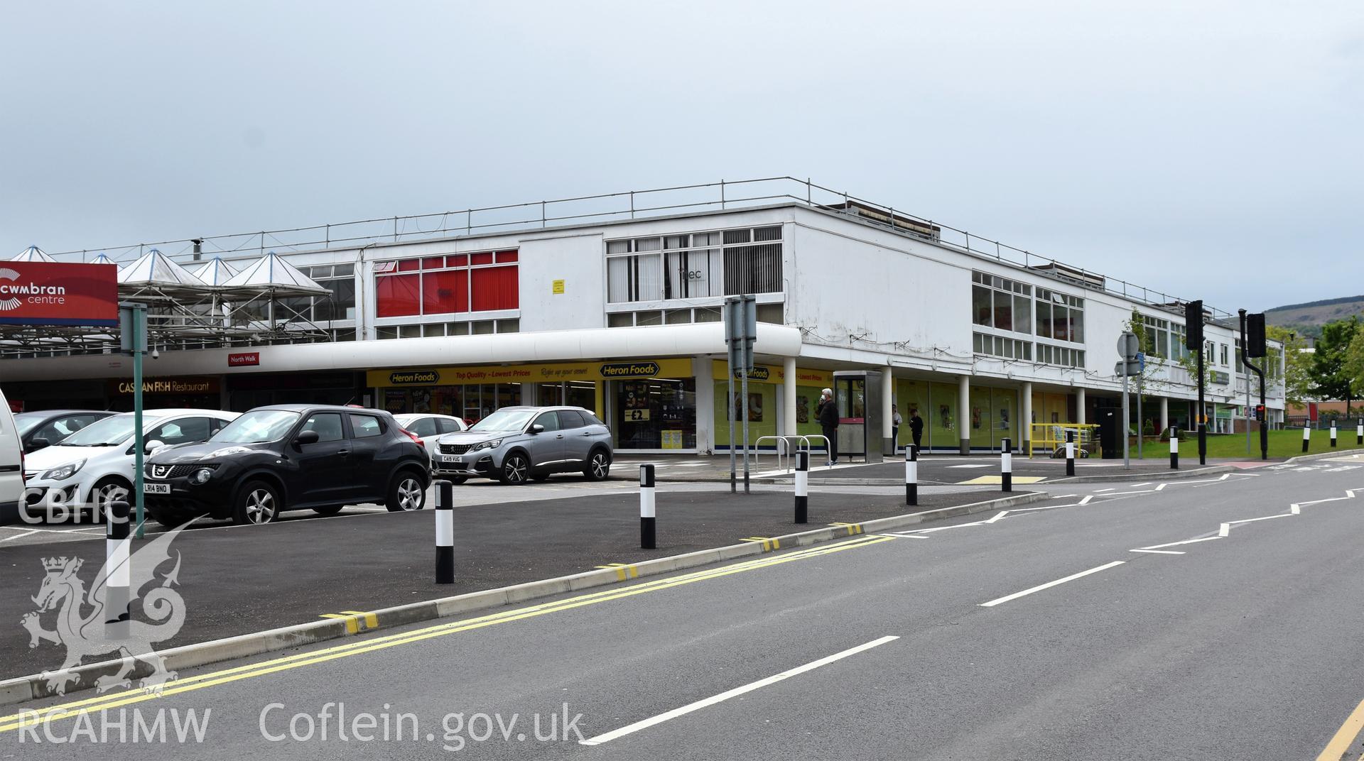 Exterior view of Cwmbran shopping centre, photographed by Susan Fielding of RCAHMW on 25 May 2021.