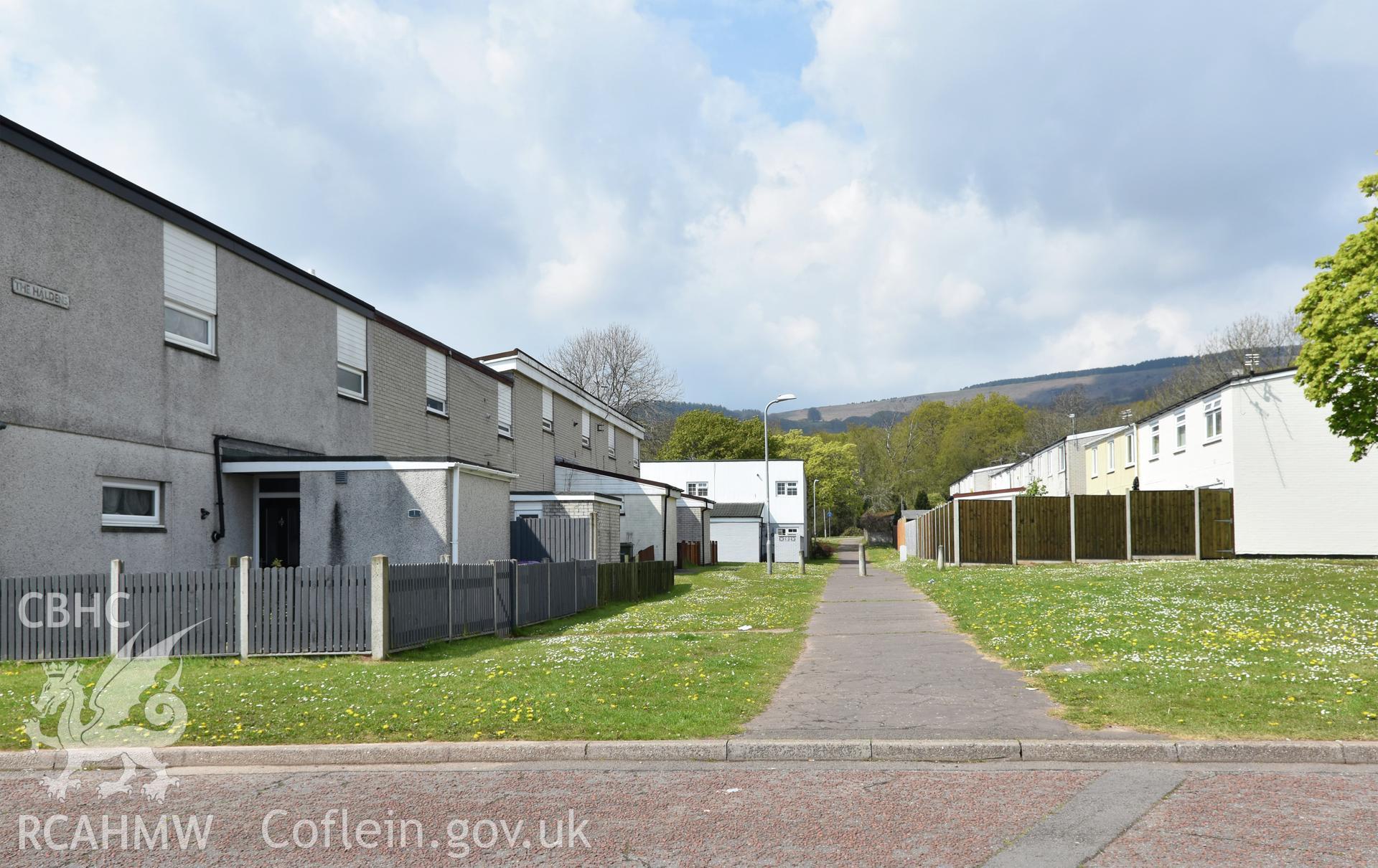 Cwmbran Development Corporation housing at Hasocks Lea in the Fairwater Neighbourhood of Cwmbran, photographed by Susan Fielding of RCAHMW on 1 May 2021.