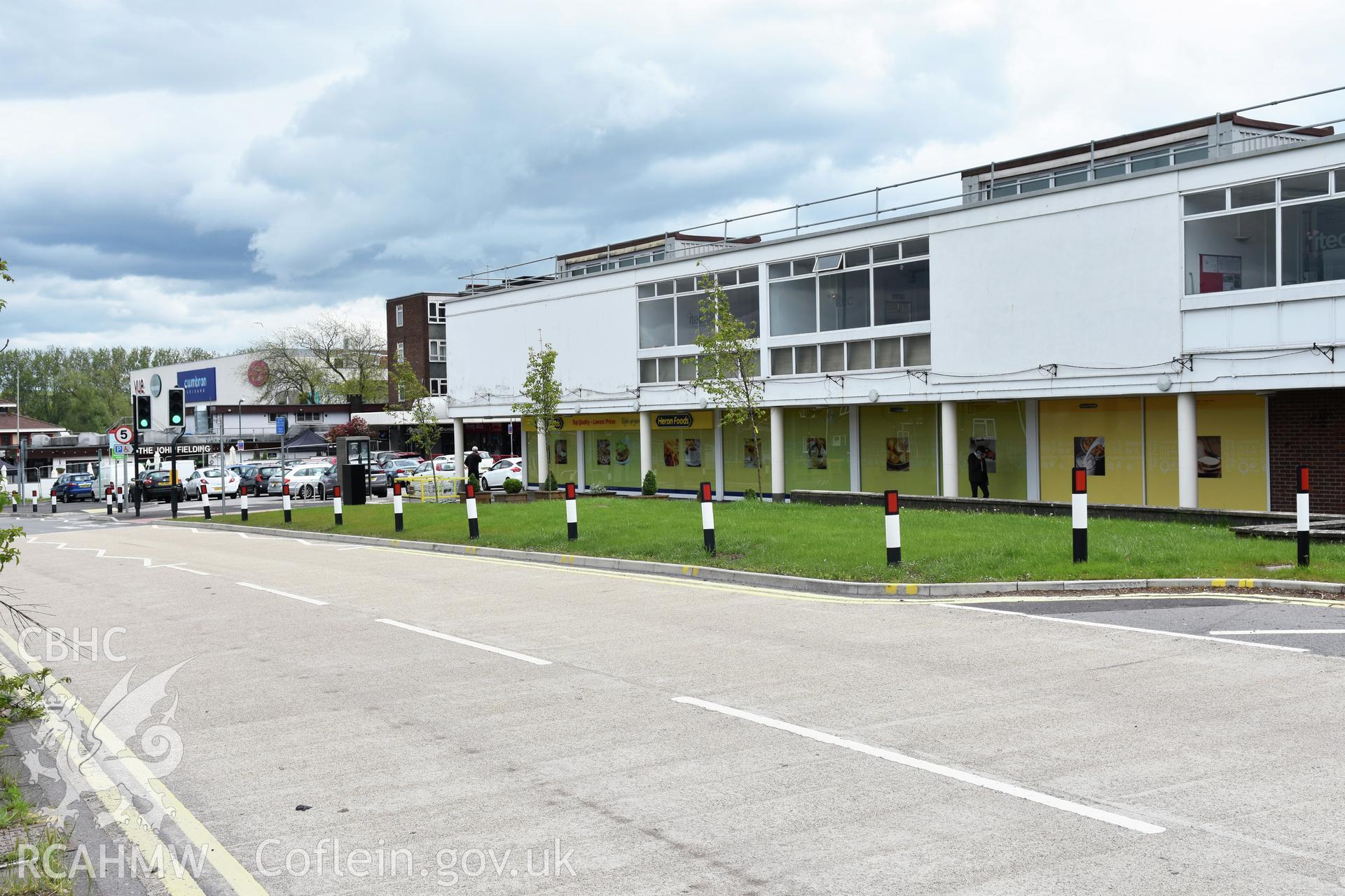 Exterior view of Cwmbran shopping centre, photographed by Susan Fielding of RCAHMW on 25 May 2021.